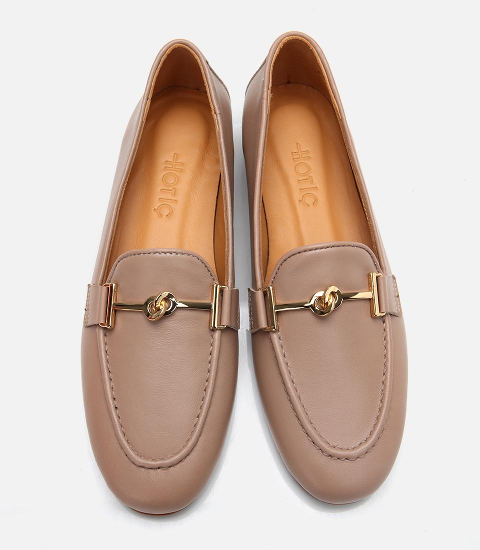 Kadın Deri Bej Tokalı Klasik Loafer