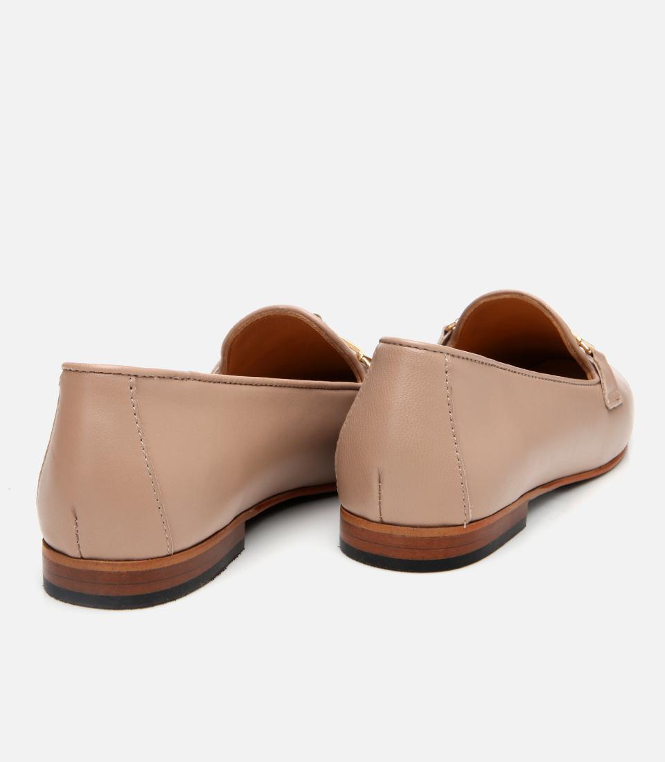 Kadın Deri Bej Tokalı Klasik Loafer