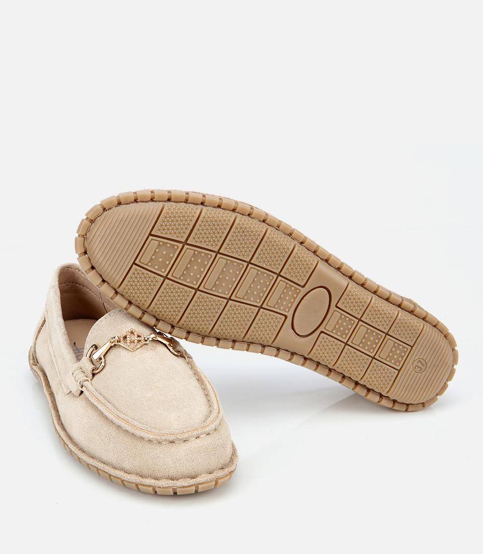 Kadın Süet Deri Bej Esnek Tabanlı Tokalı Günlük Loafer