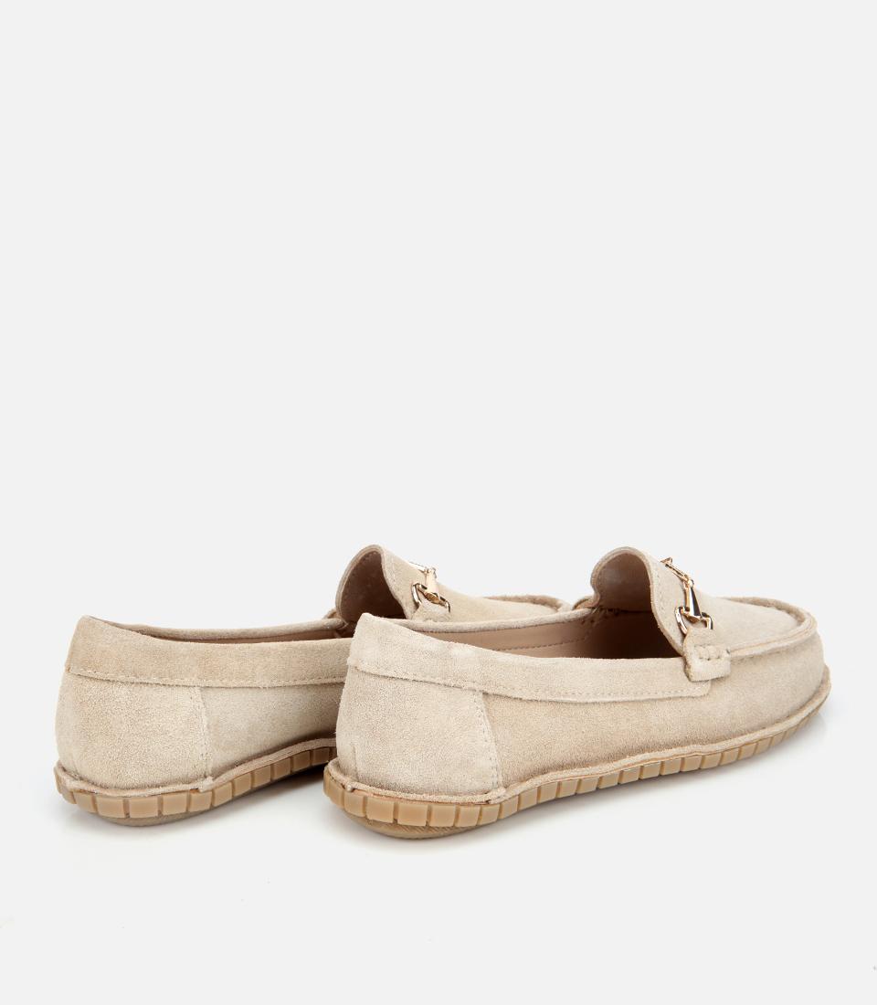 Kadın Süet Deri Bej Esnek Tabanlı Tokalı Günlük Loafer