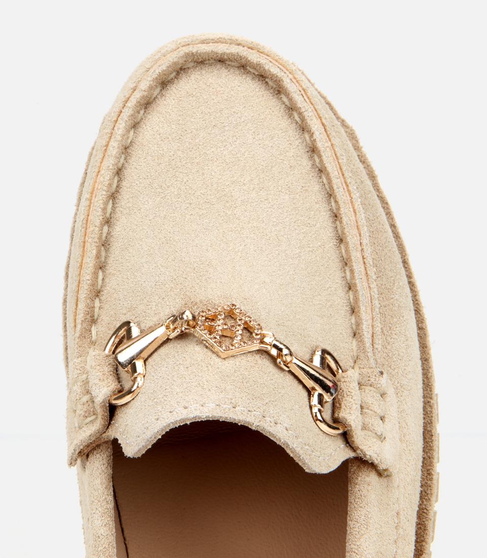 Kadın Süet Deri Bej Esnek Tabanlı Tokalı Günlük Loafer