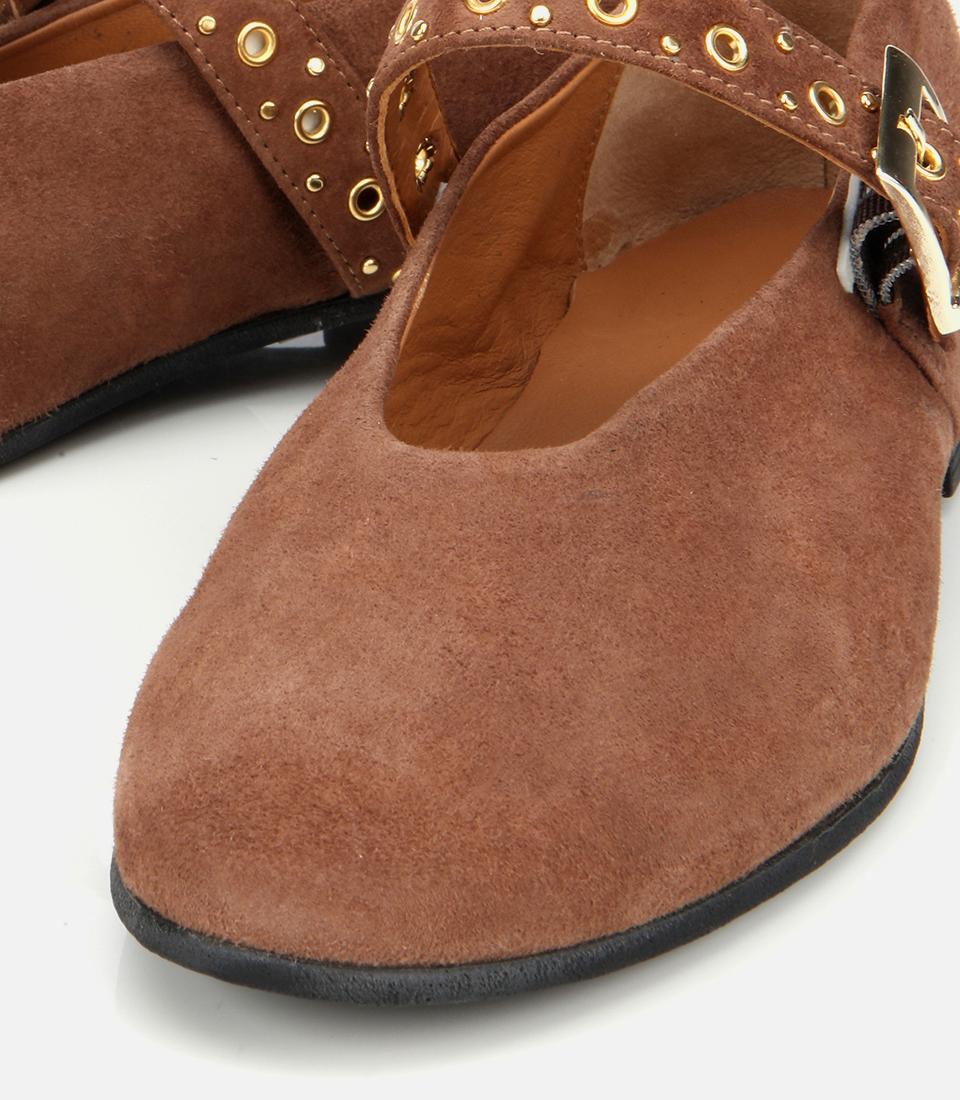 Kadın Süet Deri Açık Kahverengi Mary Jane Kemerli Babet