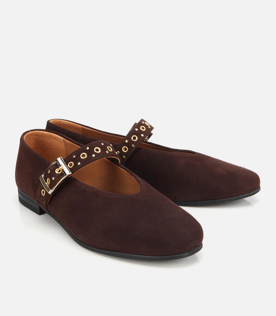 Kadın Süet Deri Kahverengi Mary Jane Kemerli Babet