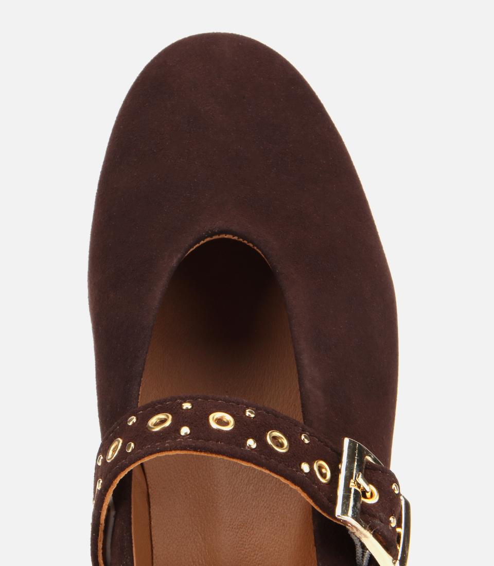 Kadın Süet Deri Kahverengi Mary Jane Kemerli Babet