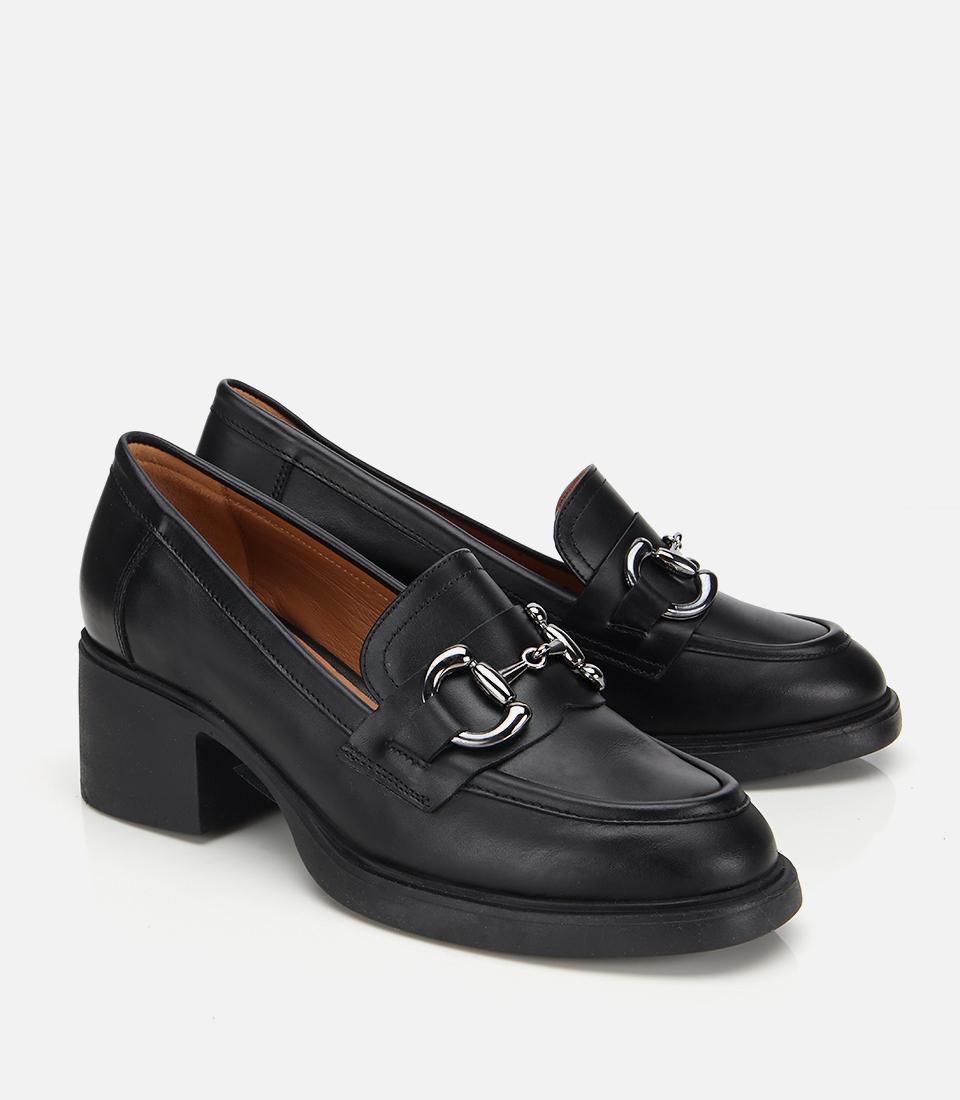 Kadın Deri Siyah Tokalı Yüksek Topuklu Klasik Loafer