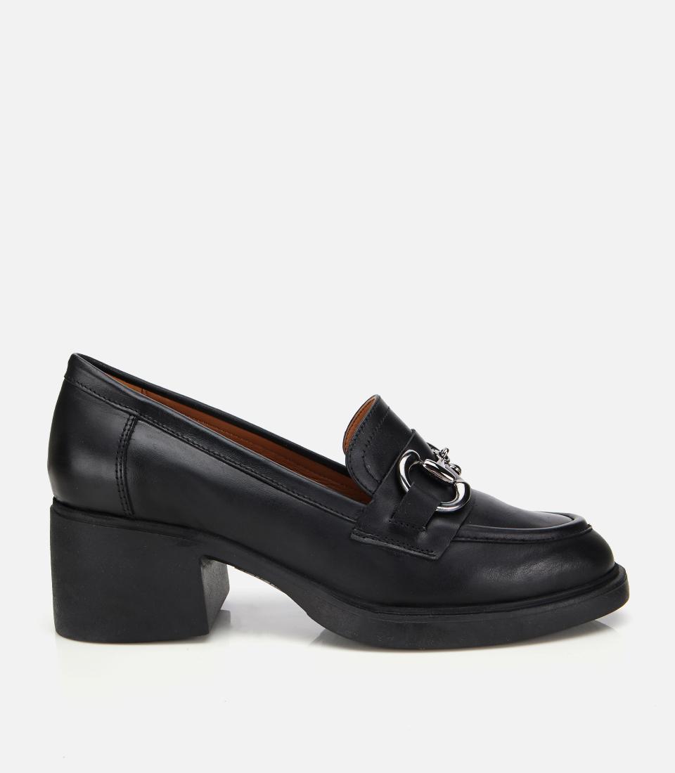 Kadın Deri Siyah Tokalı Yüksek Topuklu Klasik Loafer