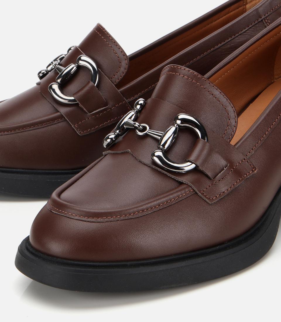 Kadın Deri Kahverengi Tokalı Yüksek Topuklu Klasik Loafer