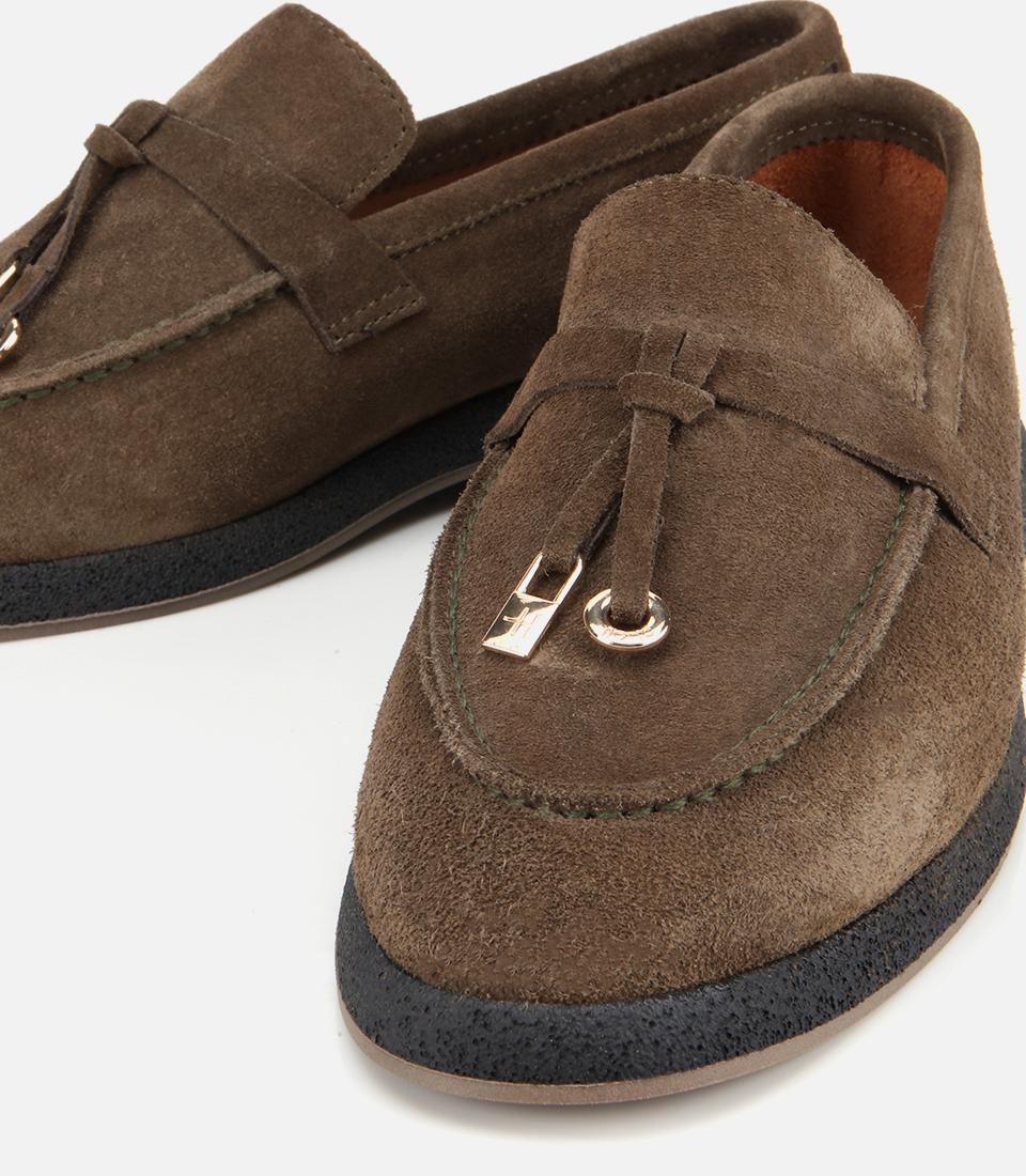 Kadın Süet Deri Haki Gold Aksesuarlı Klasik Loafer