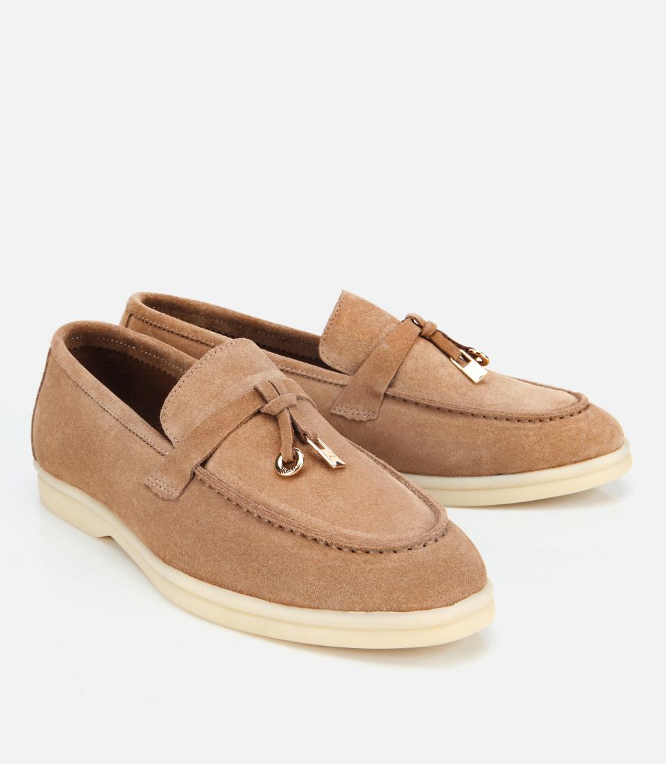 Kadın Süet Deri Bej Gold Aksesuarlı Klasik Loafer