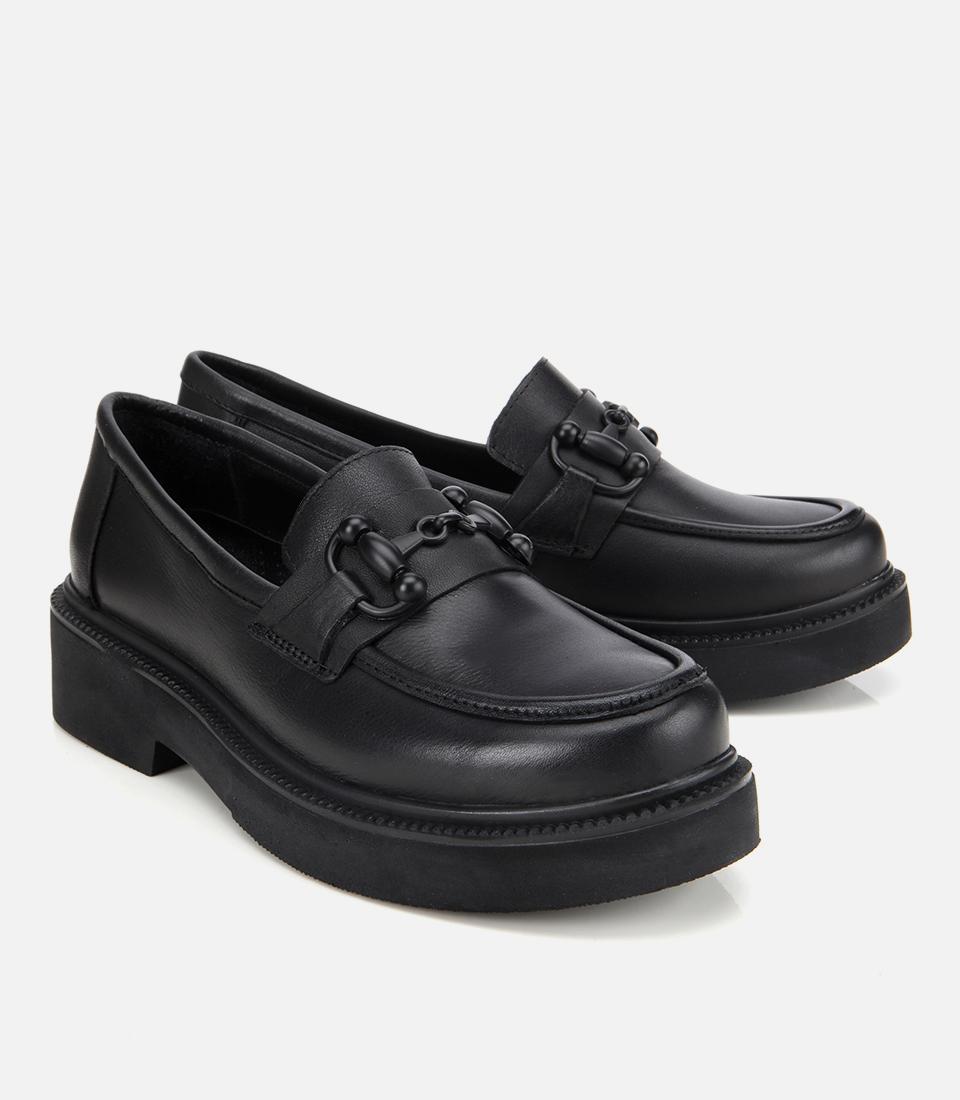 Kadın Deri Siyah Kalın Tabanlı Klasik Loafer