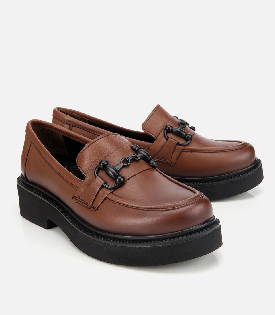 Kadın Deri Kahverengi Kalın Tabanlı Klasik Loafer