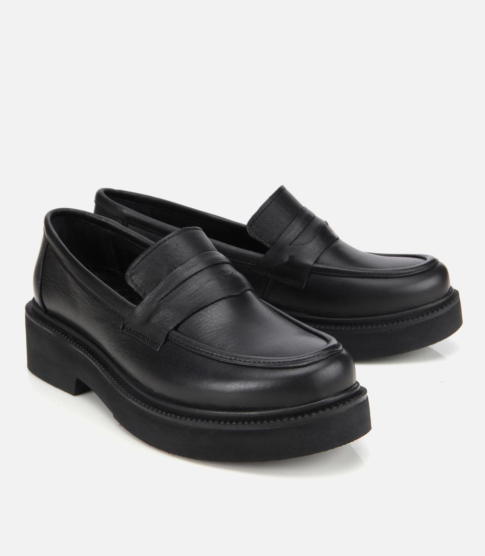 Kadın Deri Siyah Kalın Tabanlı Klasik Loafer