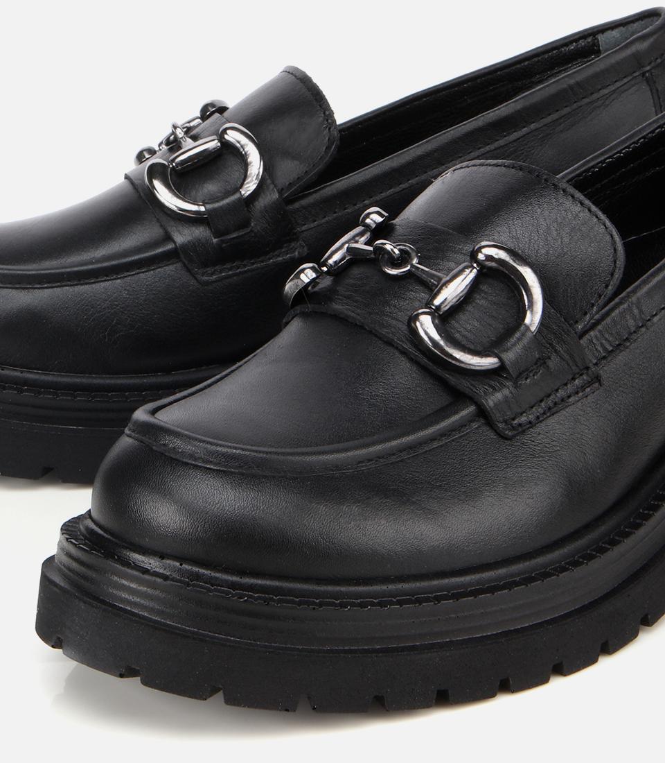 Kadın Deri Siyah Tokalı Yüksek Tabanlı Klasik Loafer