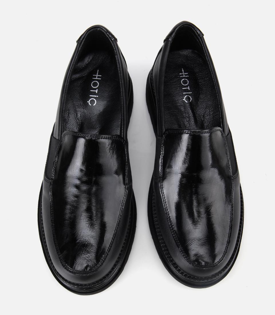 Kadın Deri Siyah Lastik Detaylı Dolgu Topuklu Günlük Loafer