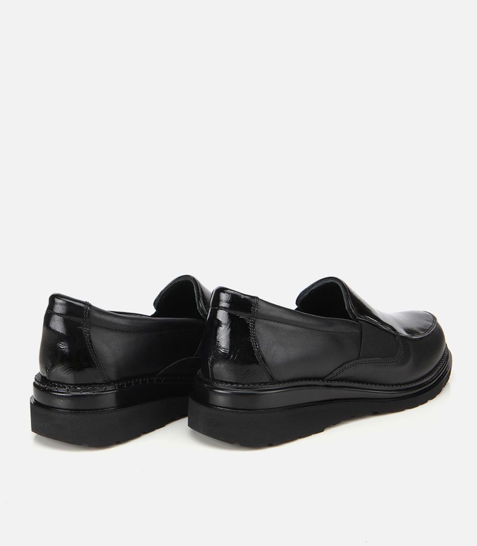 Kadın Deri Siyah Lastik Detaylı Dolgu Topuklu Günlük Loafer