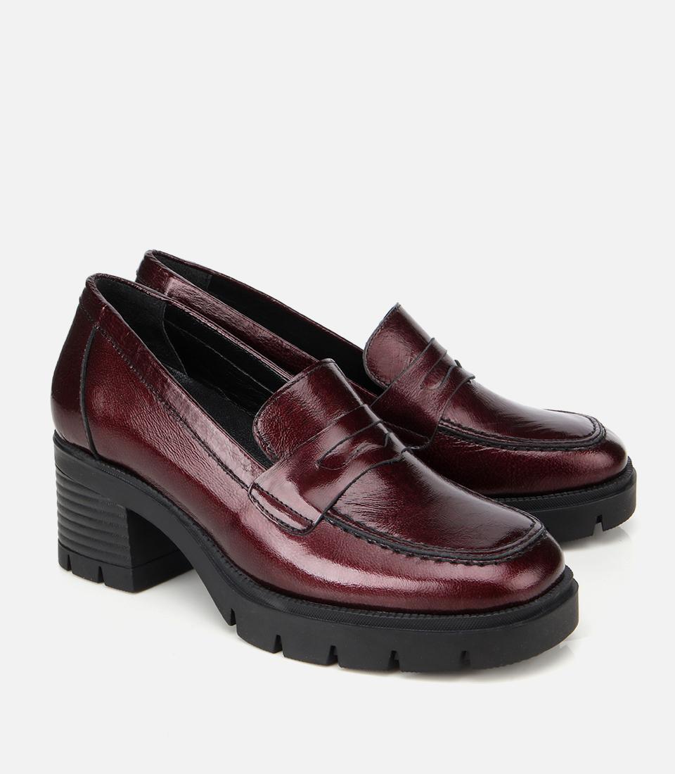 Kadın Rugan Deri Bordo Topuklu Klasik Loafer