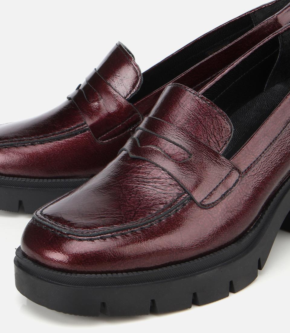 Kadın Rugan Deri Bordo Topuklu Klasik Loafer