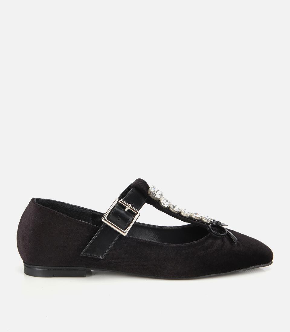 Kadın Siyah Kadife Taşlı Fiyonk Detaylı Babet