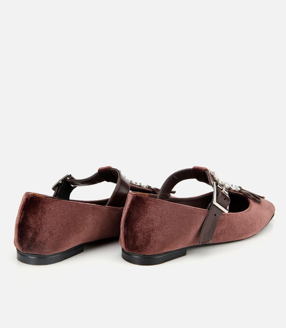 Kadın Kahverengi Kadife Taşlı Fiyonk Detaylı Babet