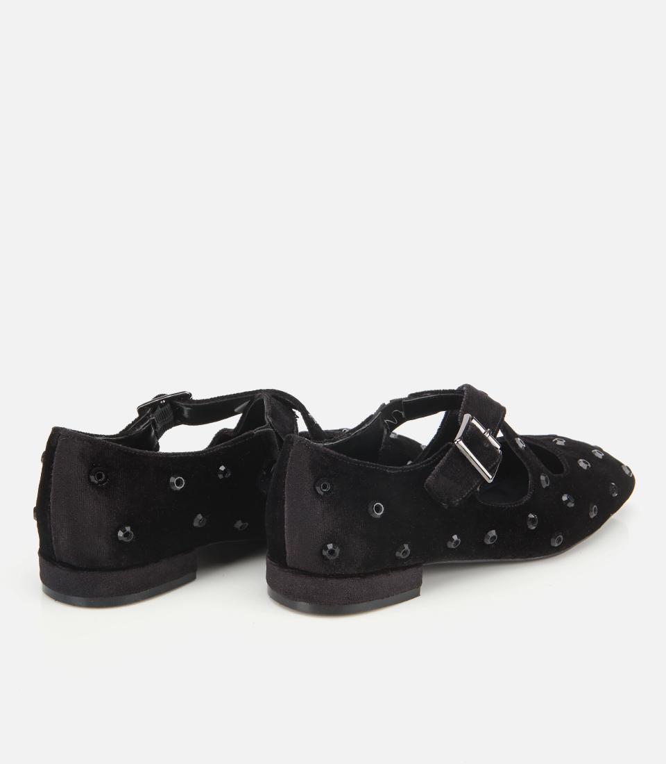 Kadın Siyah Kadife Taşlı Çapraz Bantlı Babet