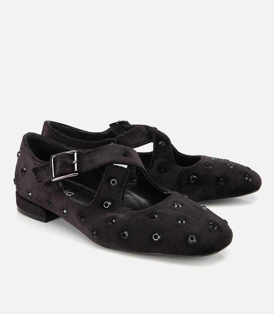 Kadın Siyah Kadife Taşlı Çapraz Bantlı Babet