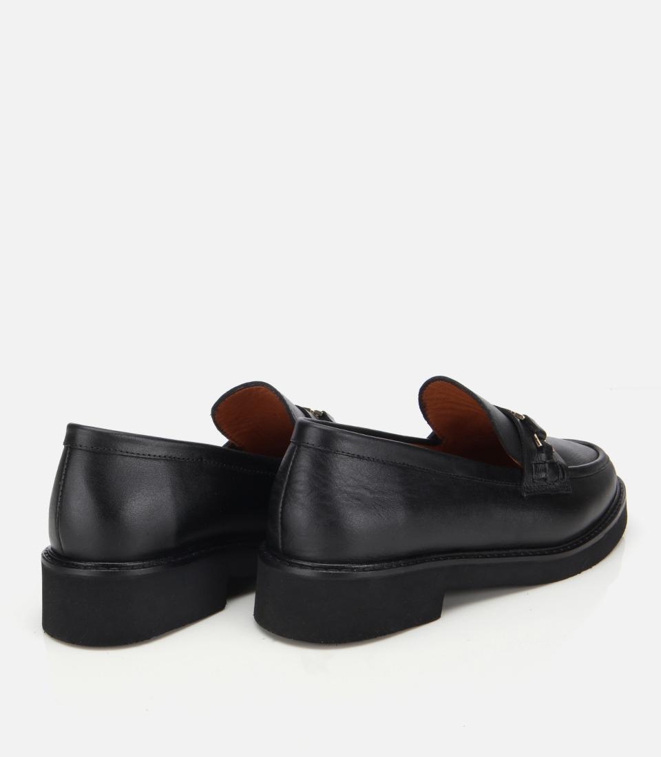 Kadın Deri Siyah Tokalı Klasik Loafer