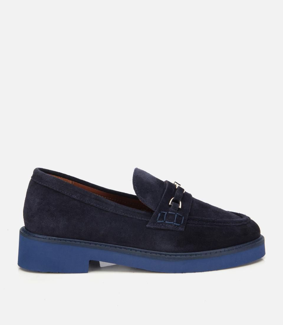 Kadın Süet Deri Lacivert Tokalı Hafif Tabanlı Klasik Loafer