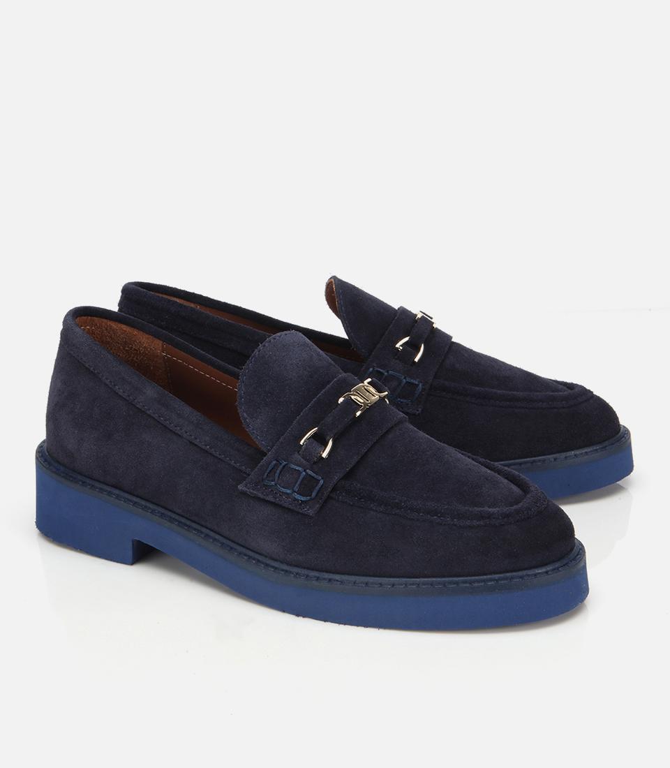 Kadın Süet Deri Lacivert Tokalı Hafif Tabanlı Klasik Loafer