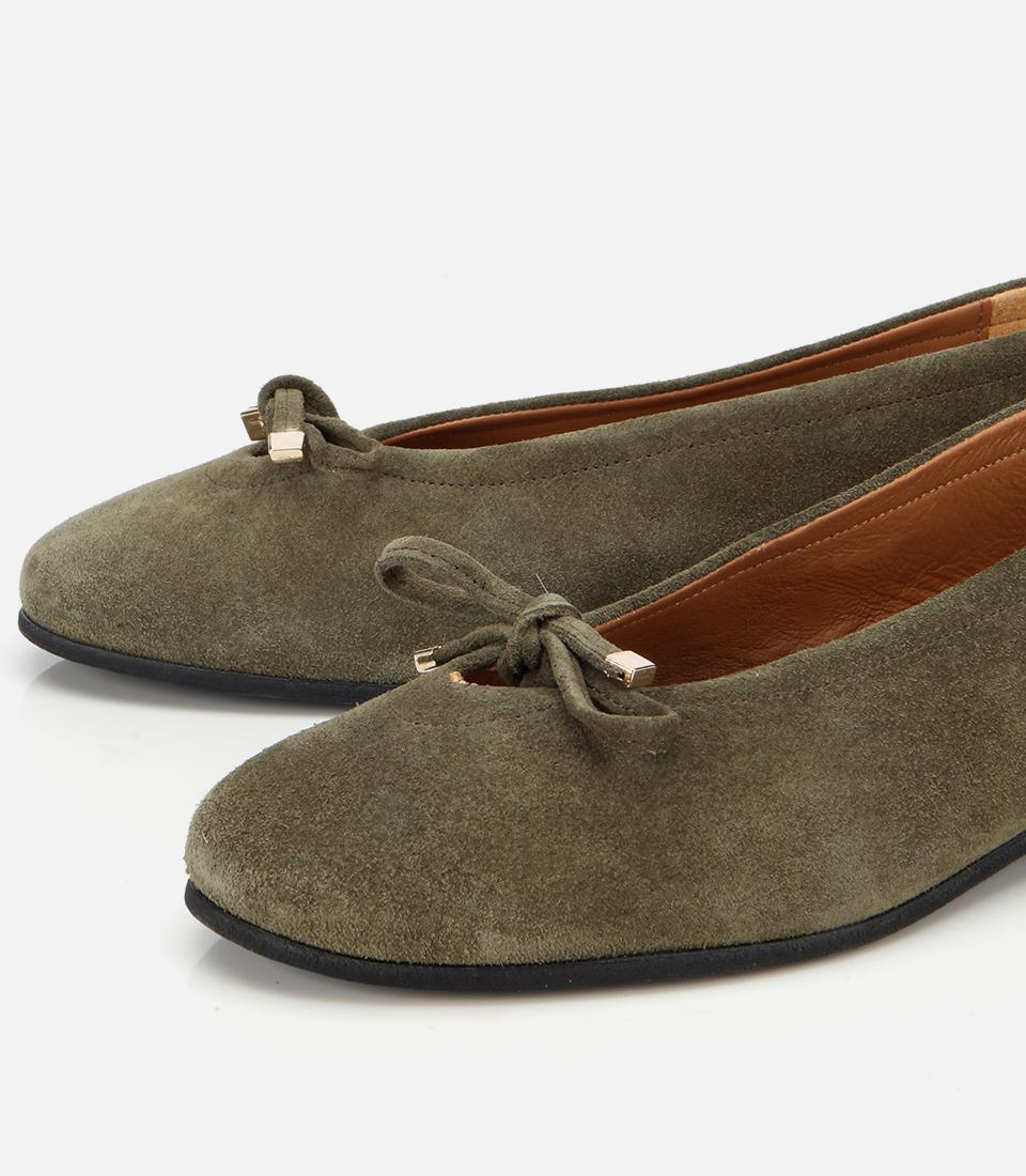 Kadın Süet Deri Haki Fiyonk Detaylı Babet