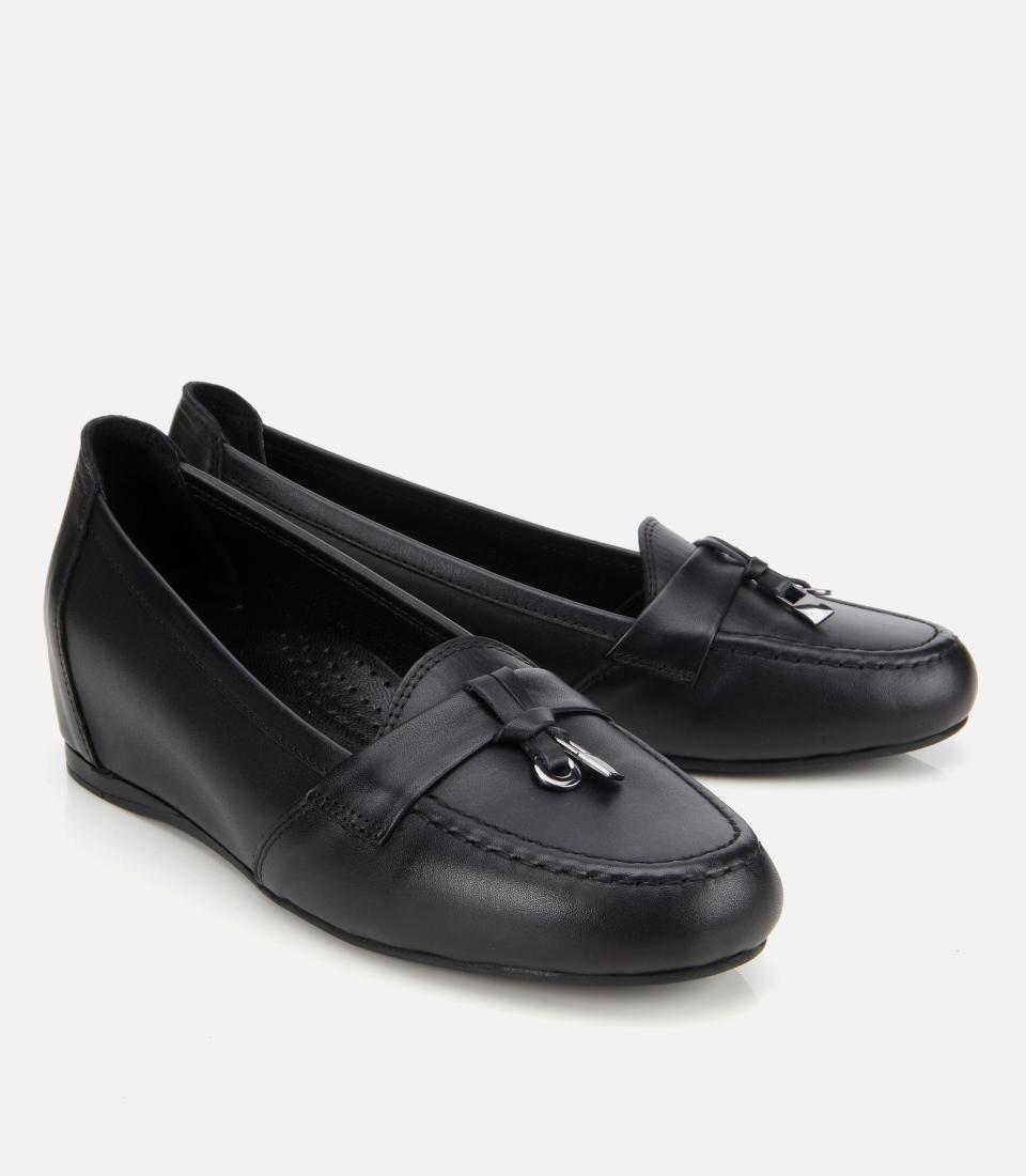 Kadın Deri Siyah Dolgu Topuklu Rahat Günlük Loafer