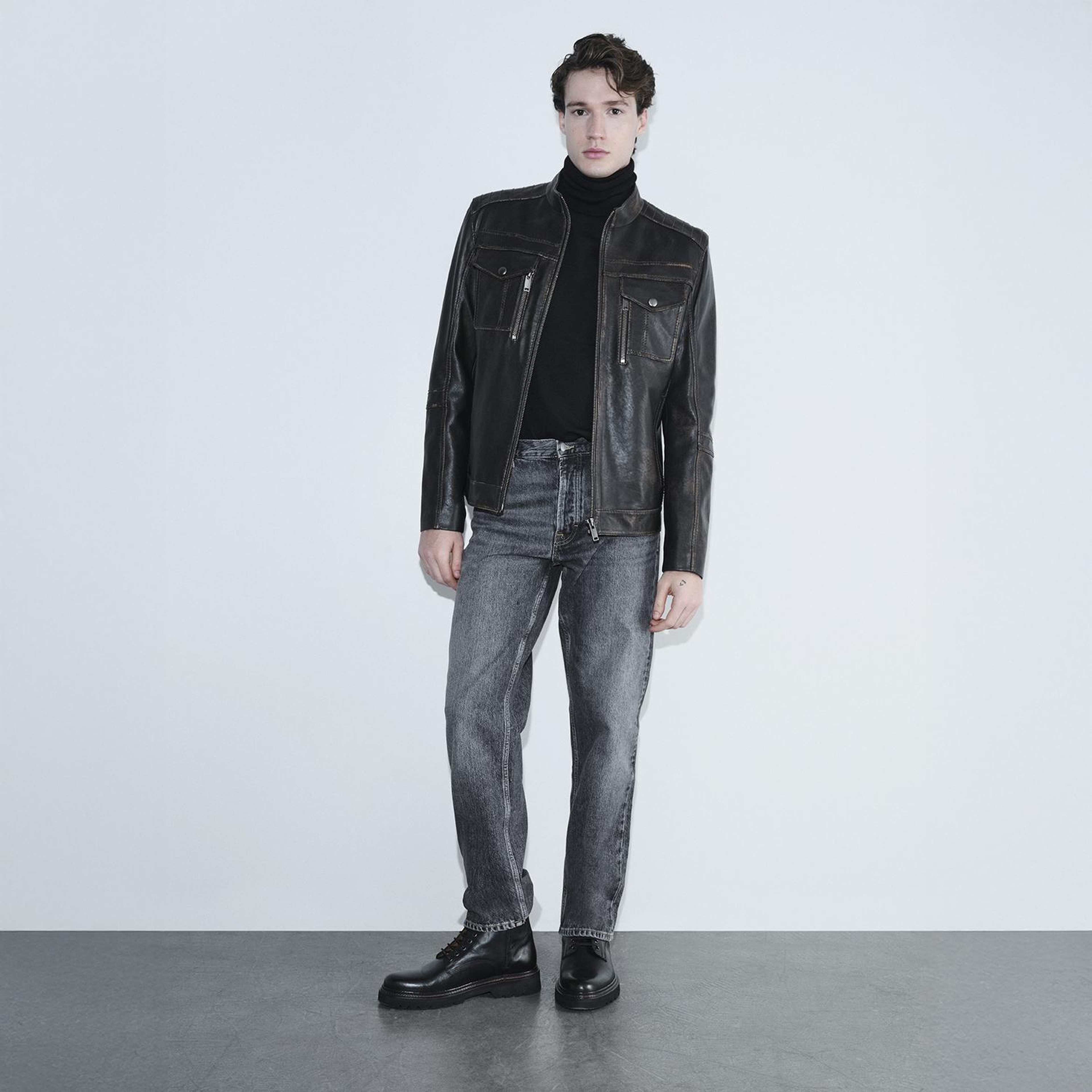 Erkek Kahve Eskitme Hakim Yakalı Deri Ceket