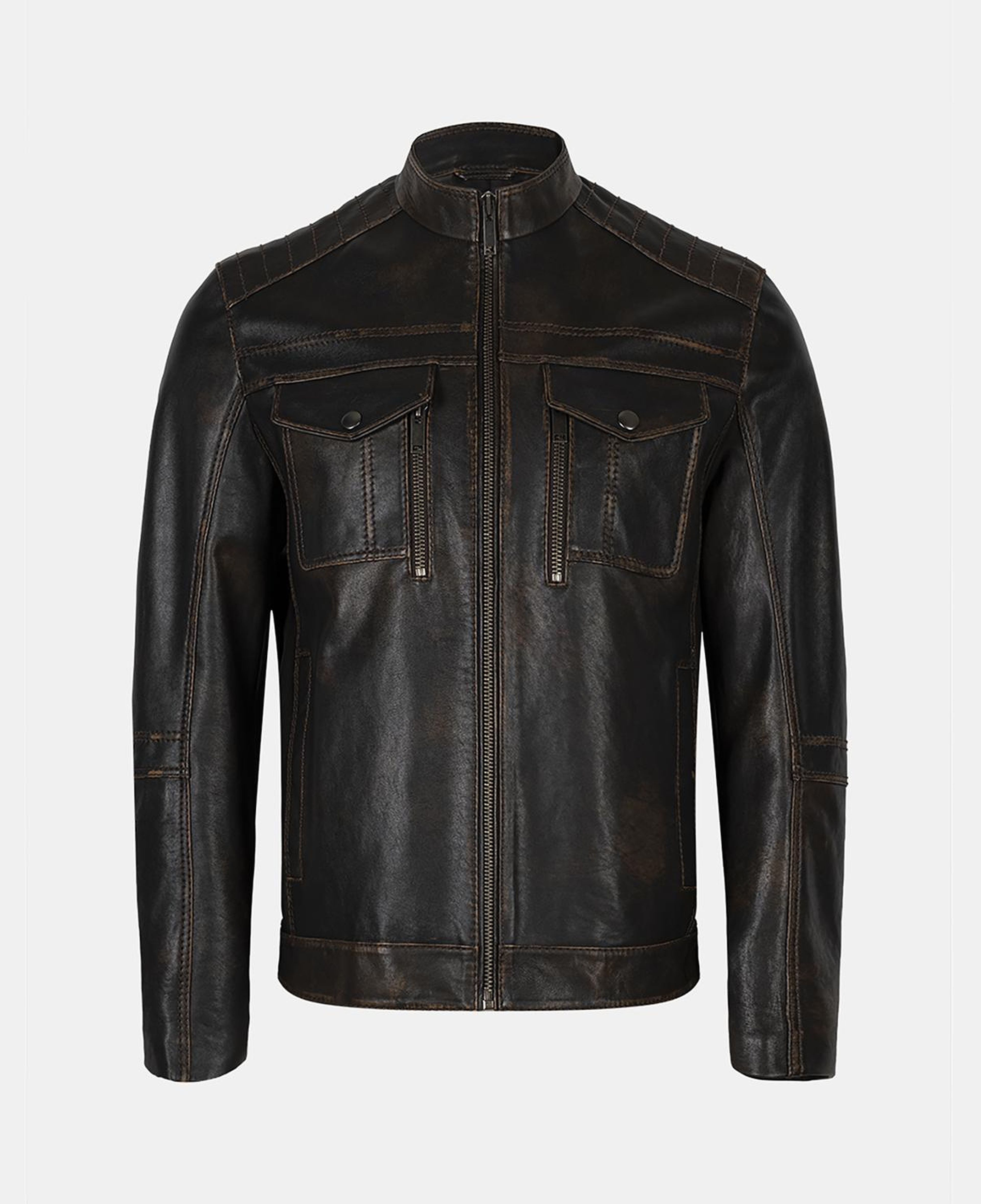 Erkek Kahve Eskitme Hakim Yakalı Deri Ceket