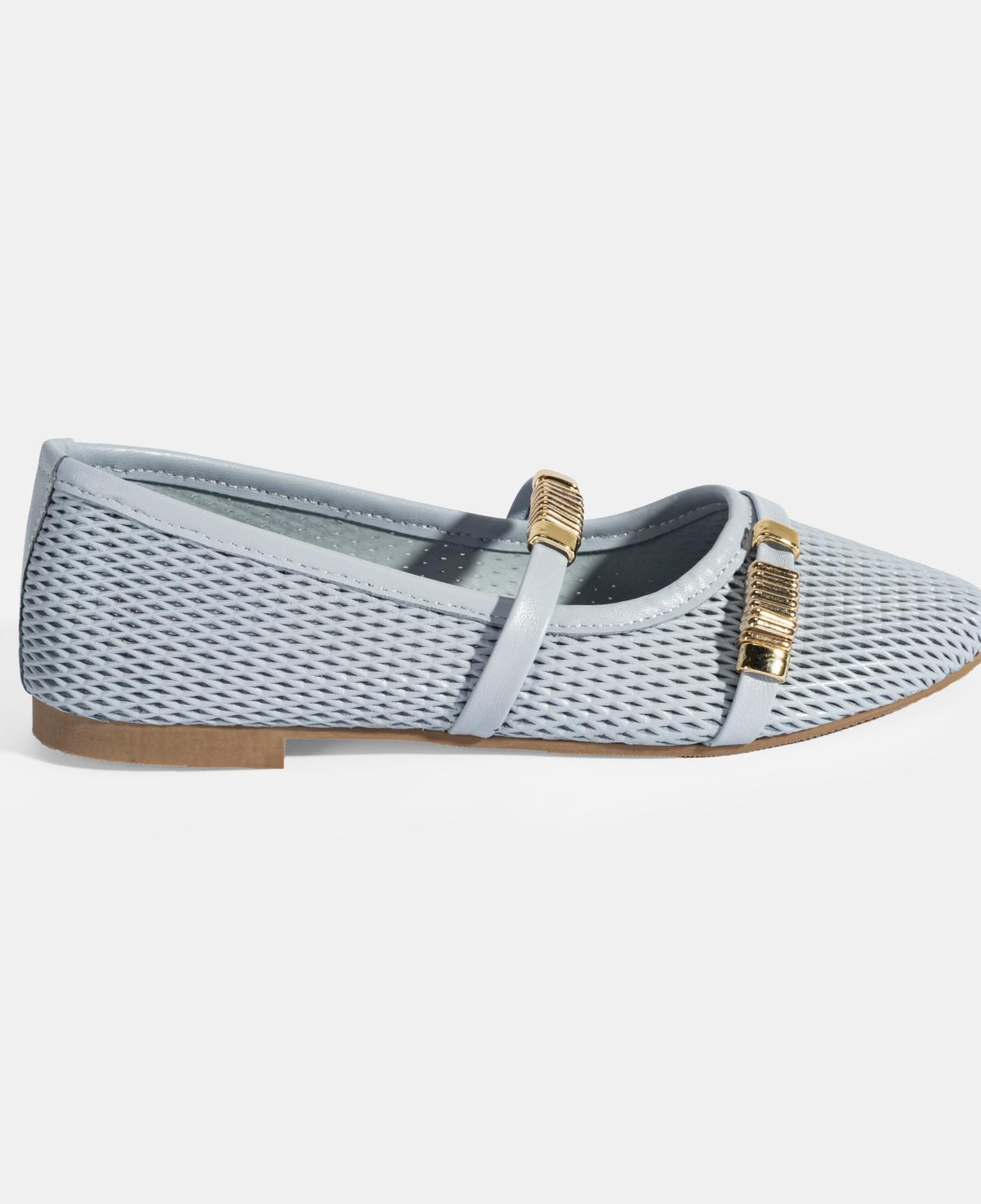 Kadın Mavi Metal Toka Aksesuarlı Deri Babet