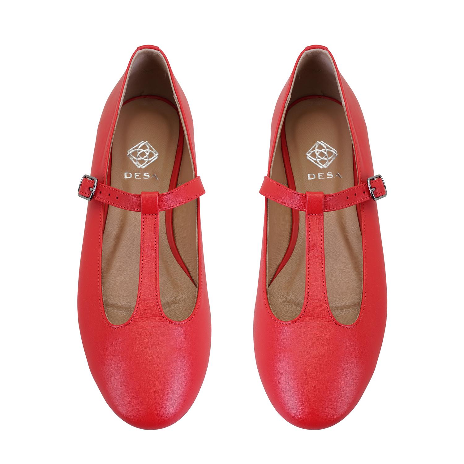 Kadın Kırmızı T-Bant Mary Jane Deri Babet