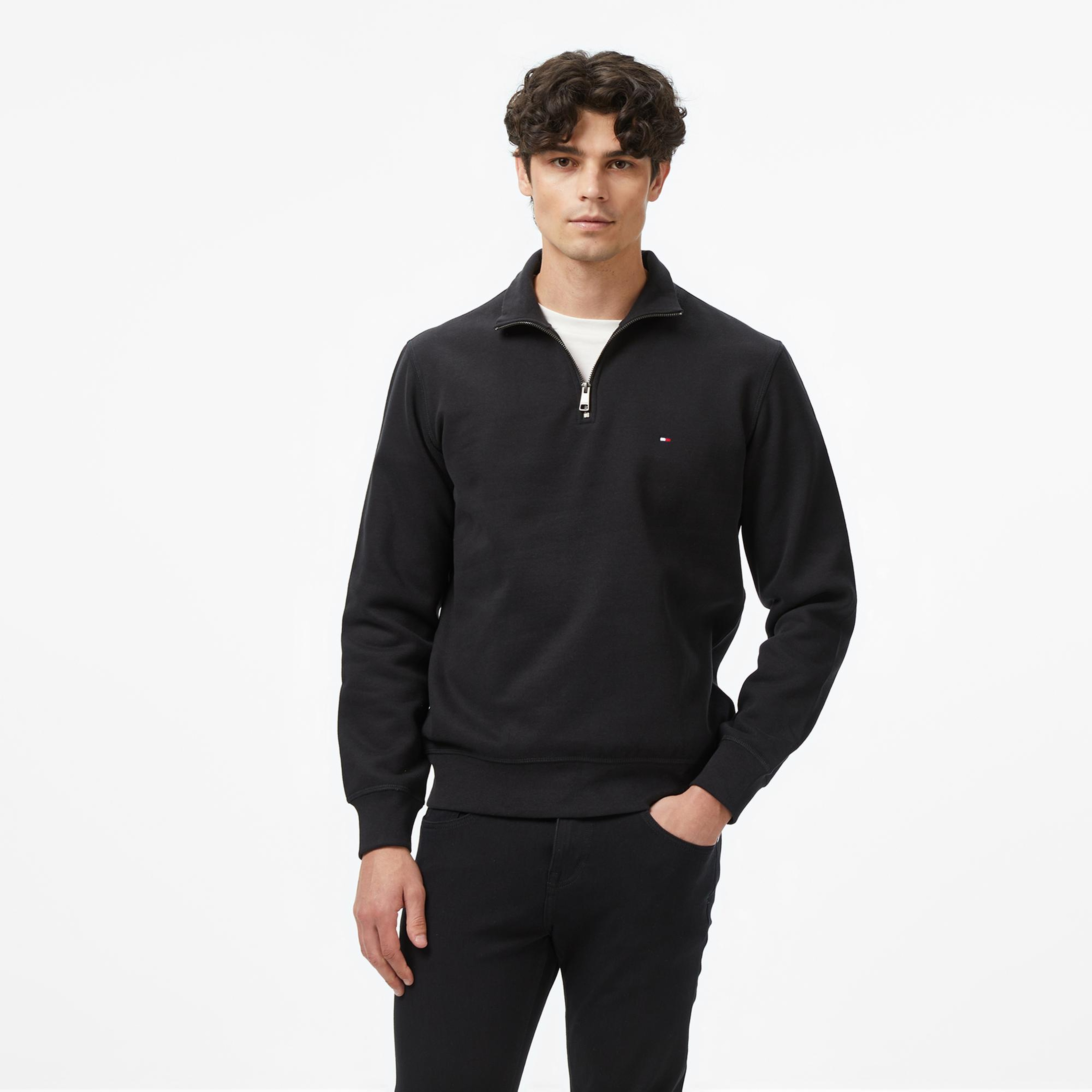 Tommy Hilfiger Essential Fleece 1/4 Erkek Yarım Fermuarlı Siyah Sweatshirt