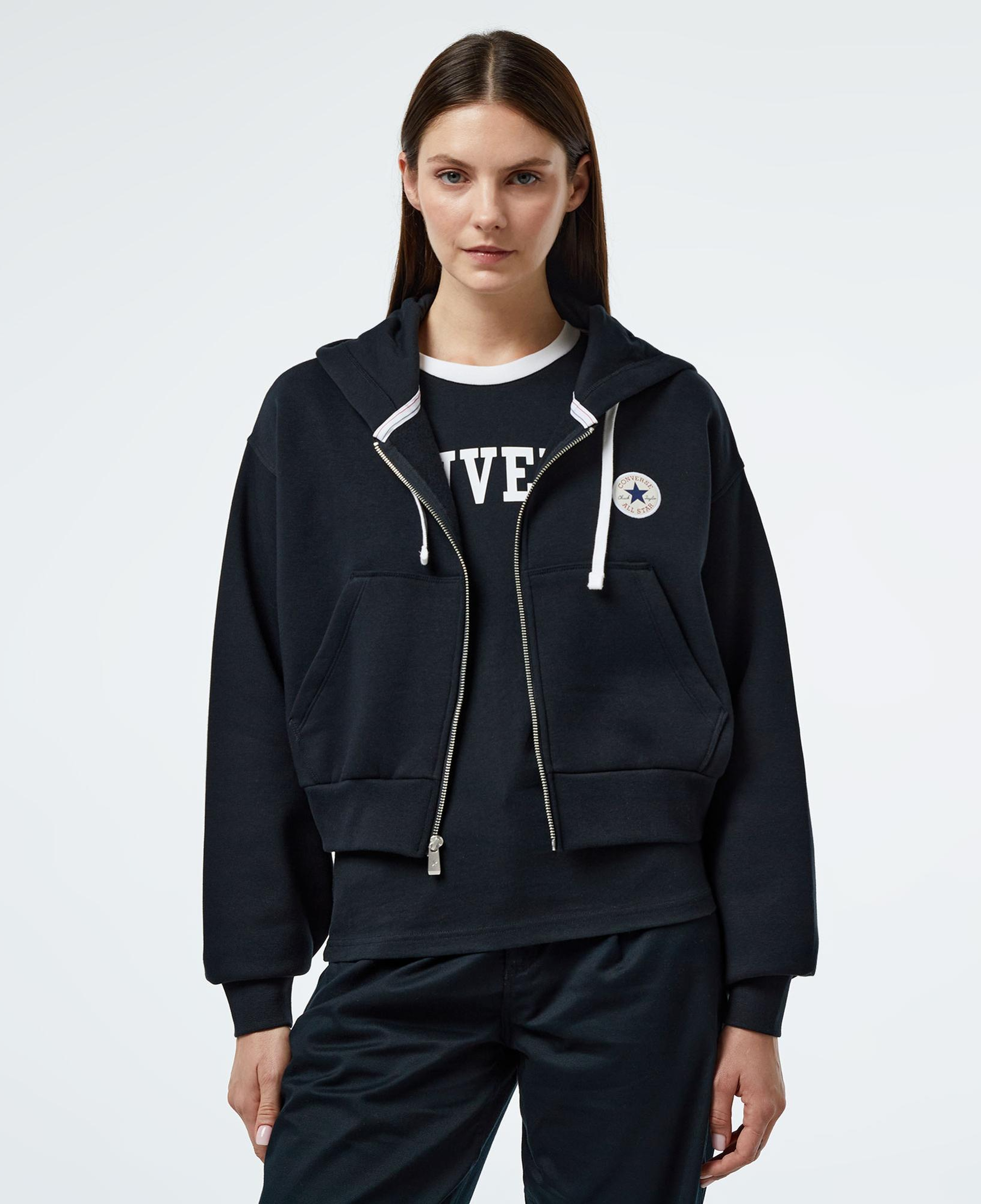 Converse Kadın Baskılı Siyah Fermuarlı Hoodie