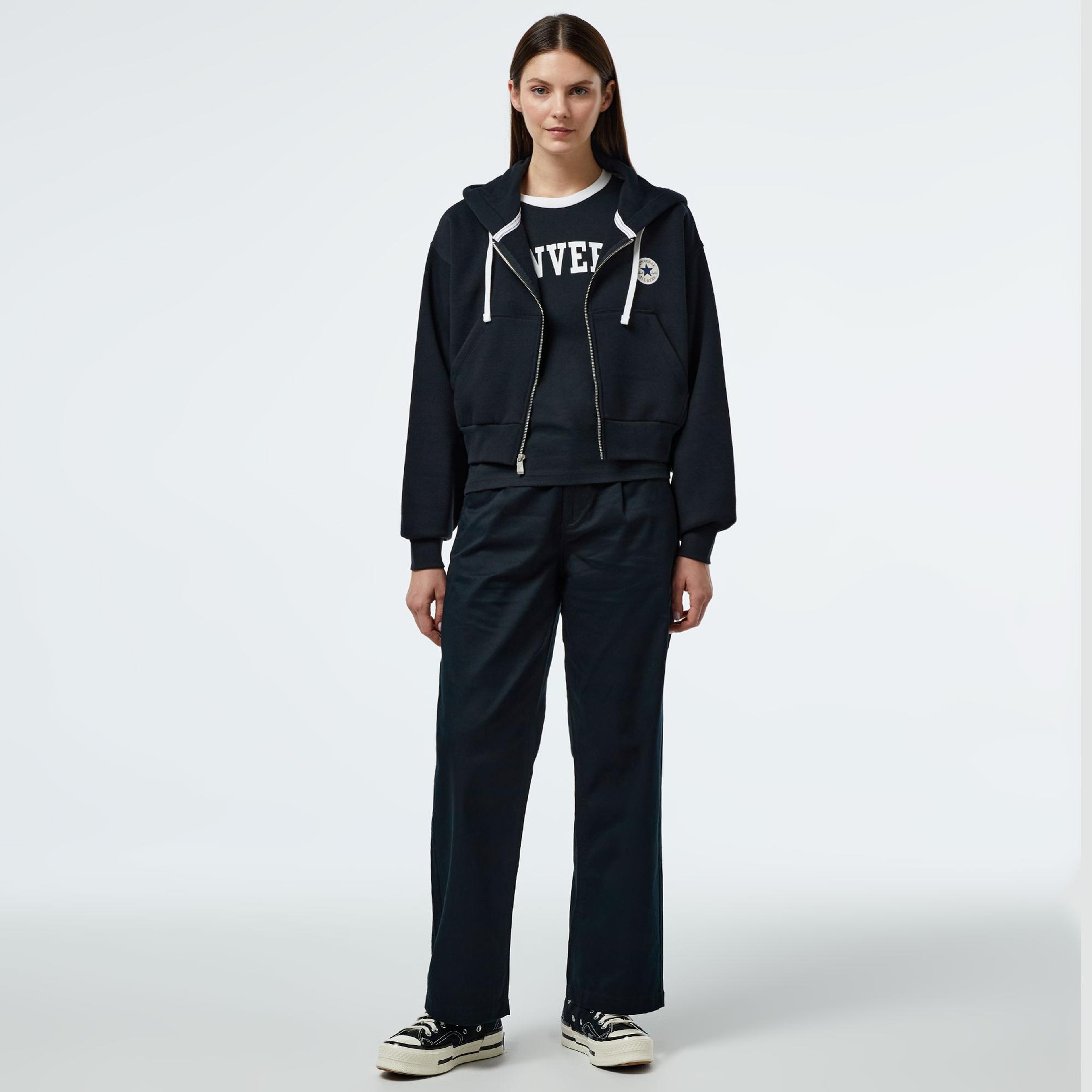 Converse Kadın Baskılı Siyah Fermuarlı Hoodie