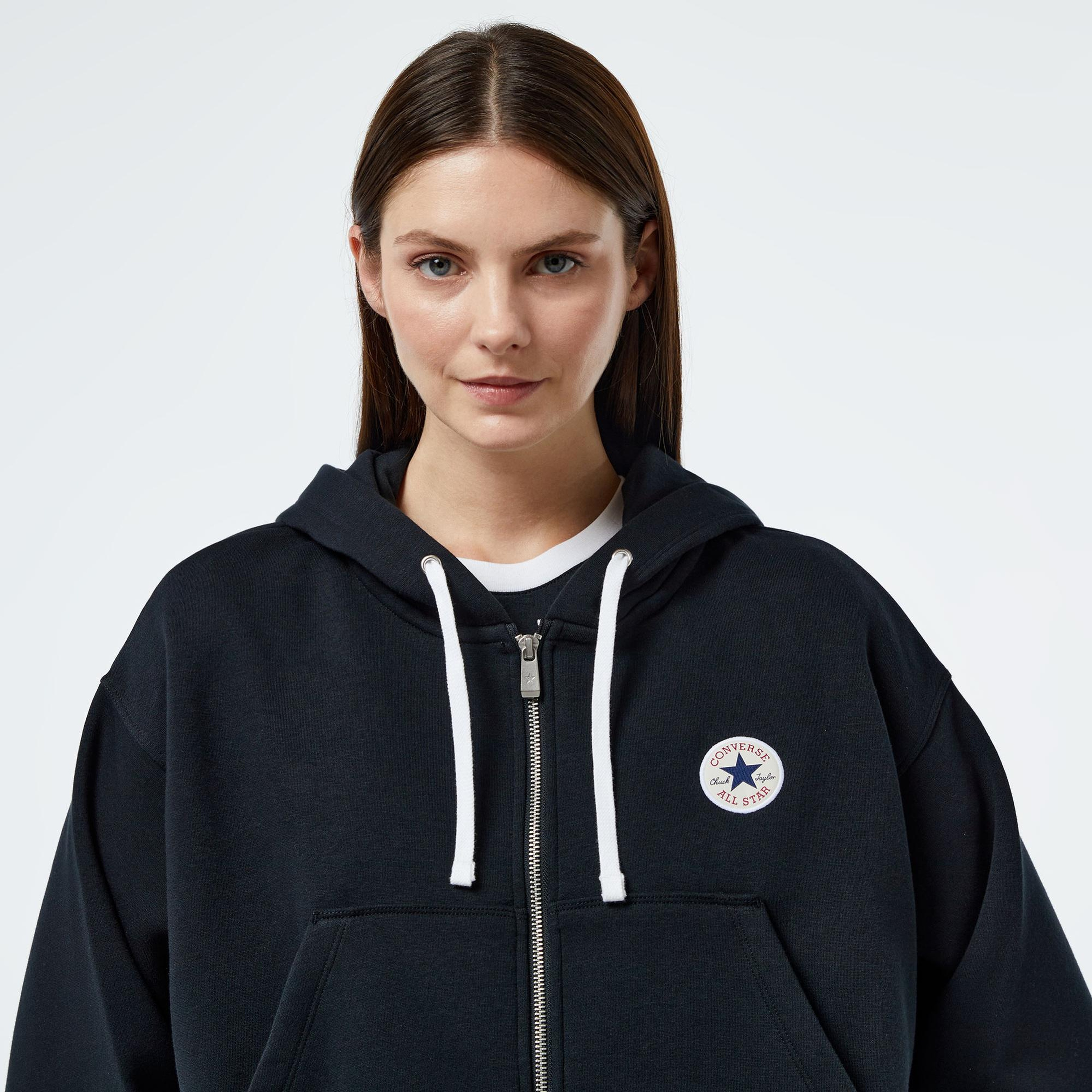 Converse Kadın Baskılı Siyah Fermuarlı Hoodie
