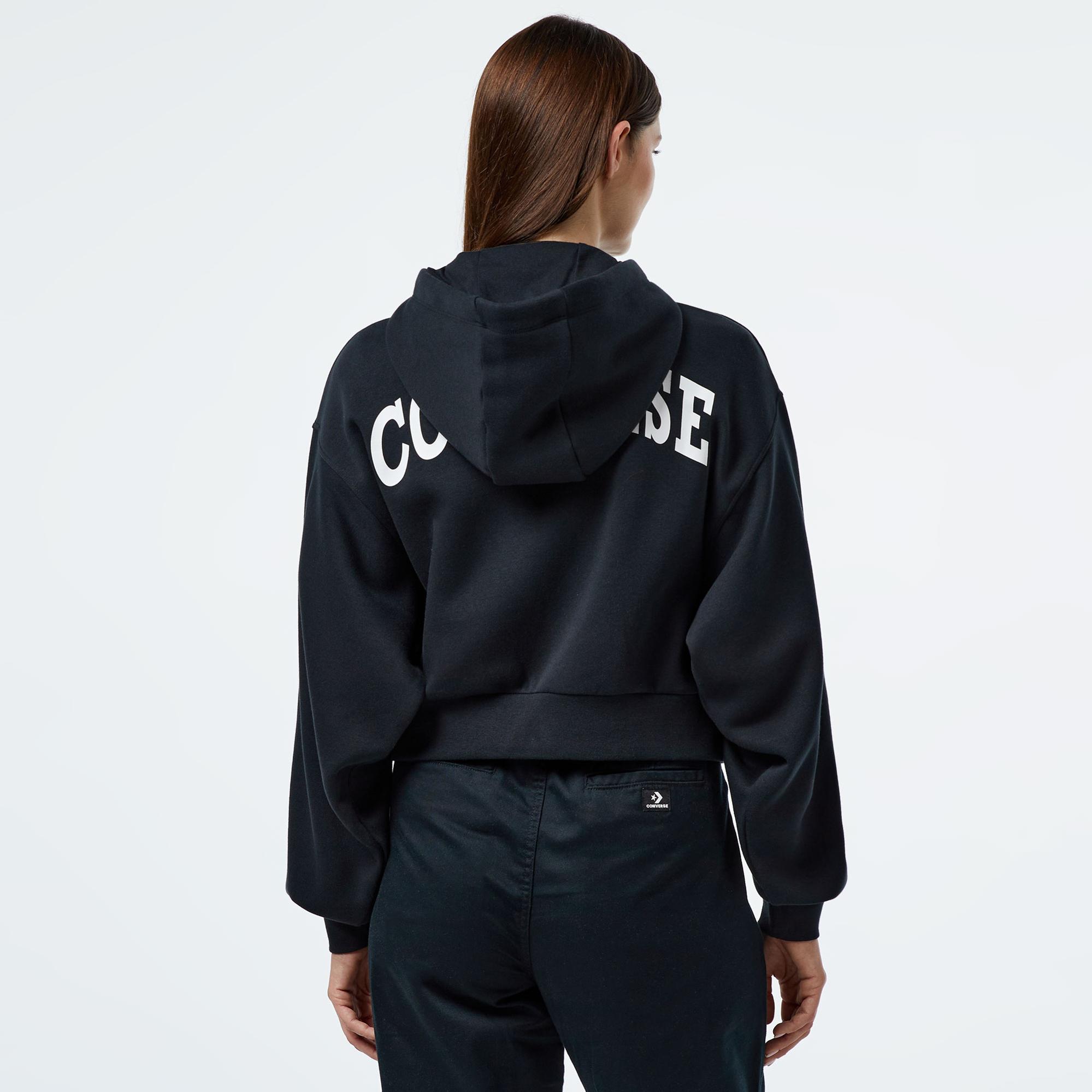 Converse Kadın Baskılı Siyah Fermuarlı Hoodie