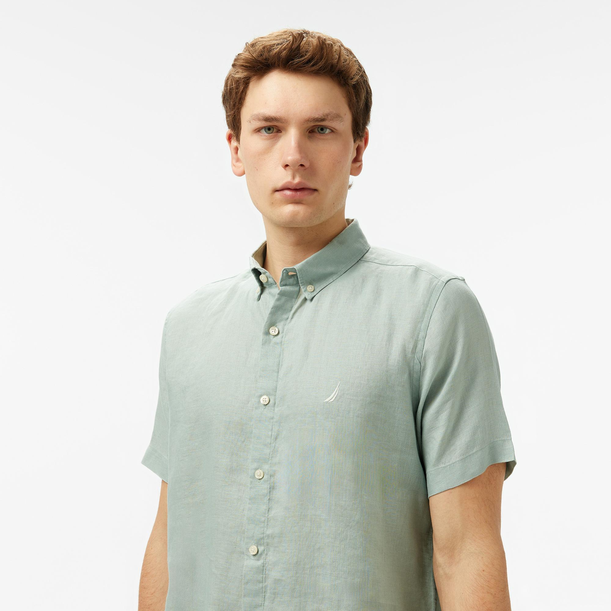 Nautica Erkek Haki Classic Fit Keten Gömlek