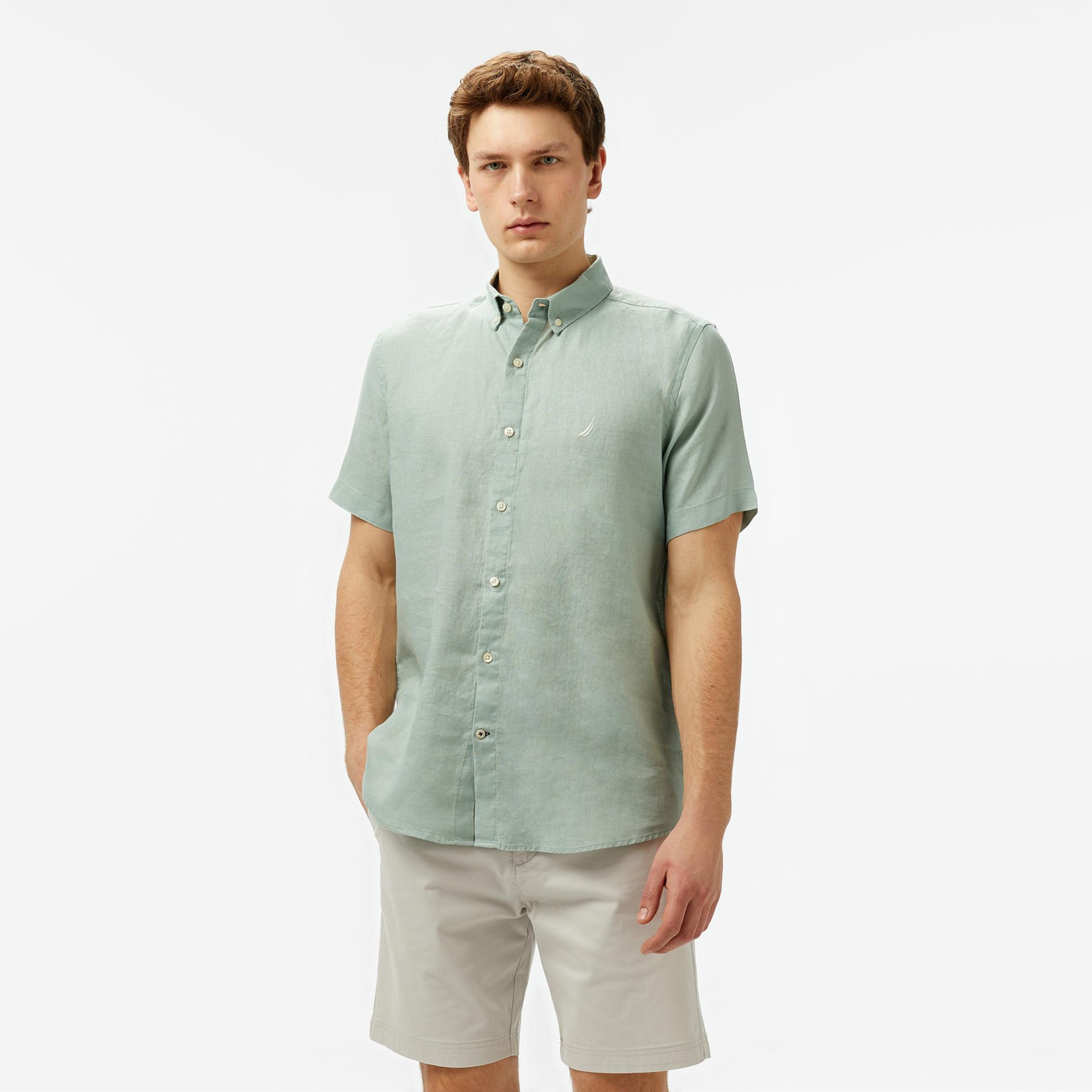 Nautica Erkek Haki Classic Fit Keten Gömlek
