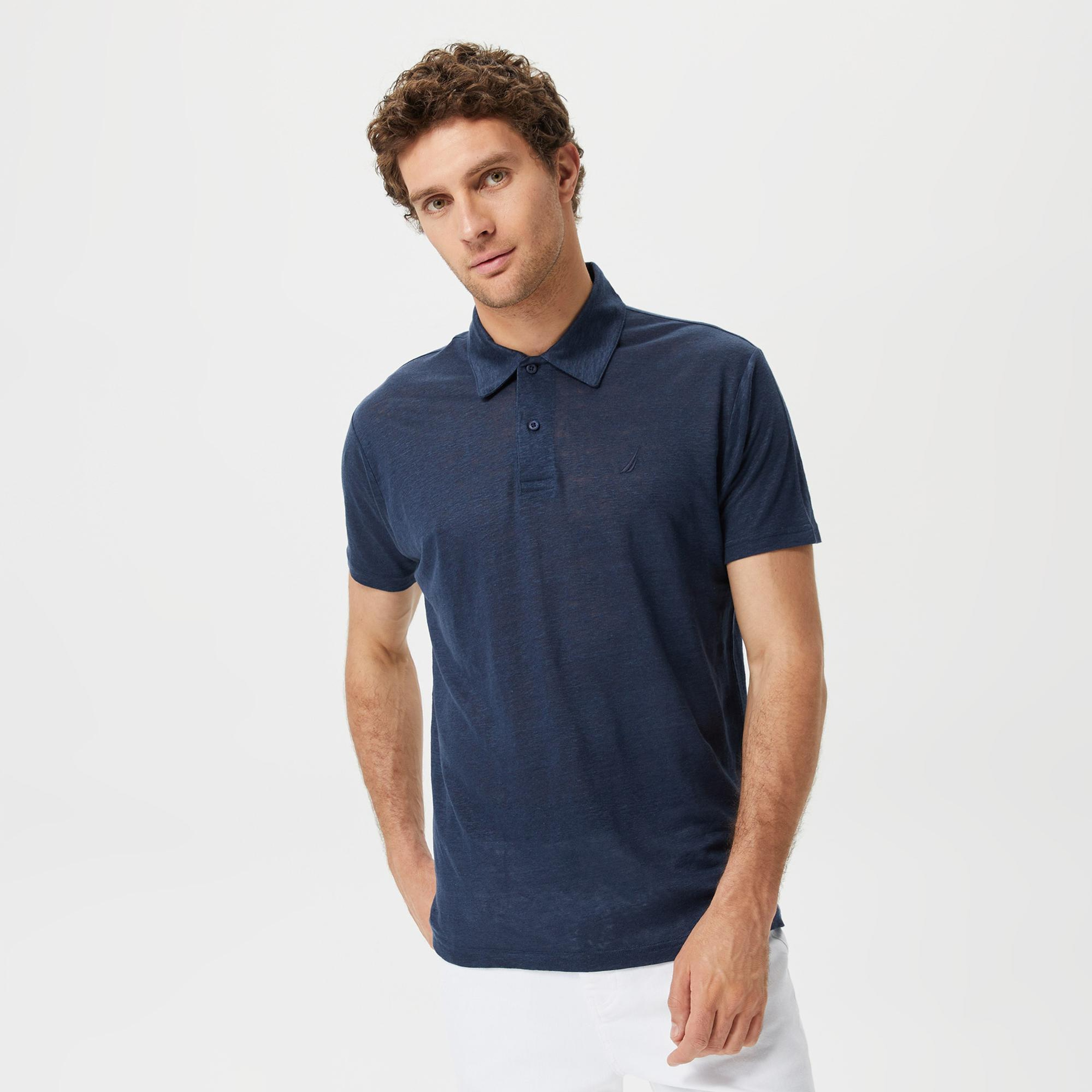 Nautica Erkek Lacivert Classic Fit Kısa Kollu Keten Polo Yaka T-Shirt
