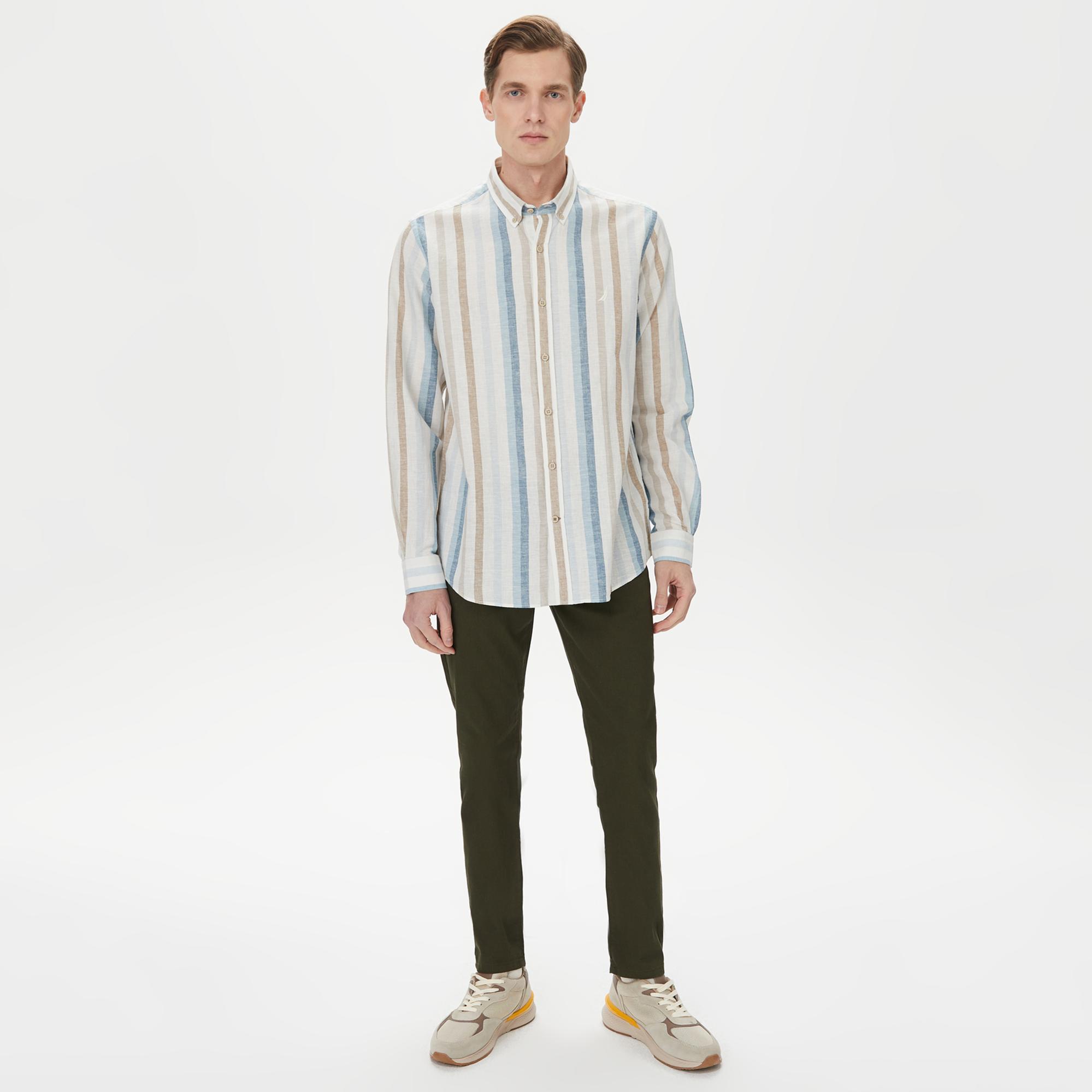 Nautica Erkek Mavi Classic Fit Uzun Kollu Çizgili Gömlek