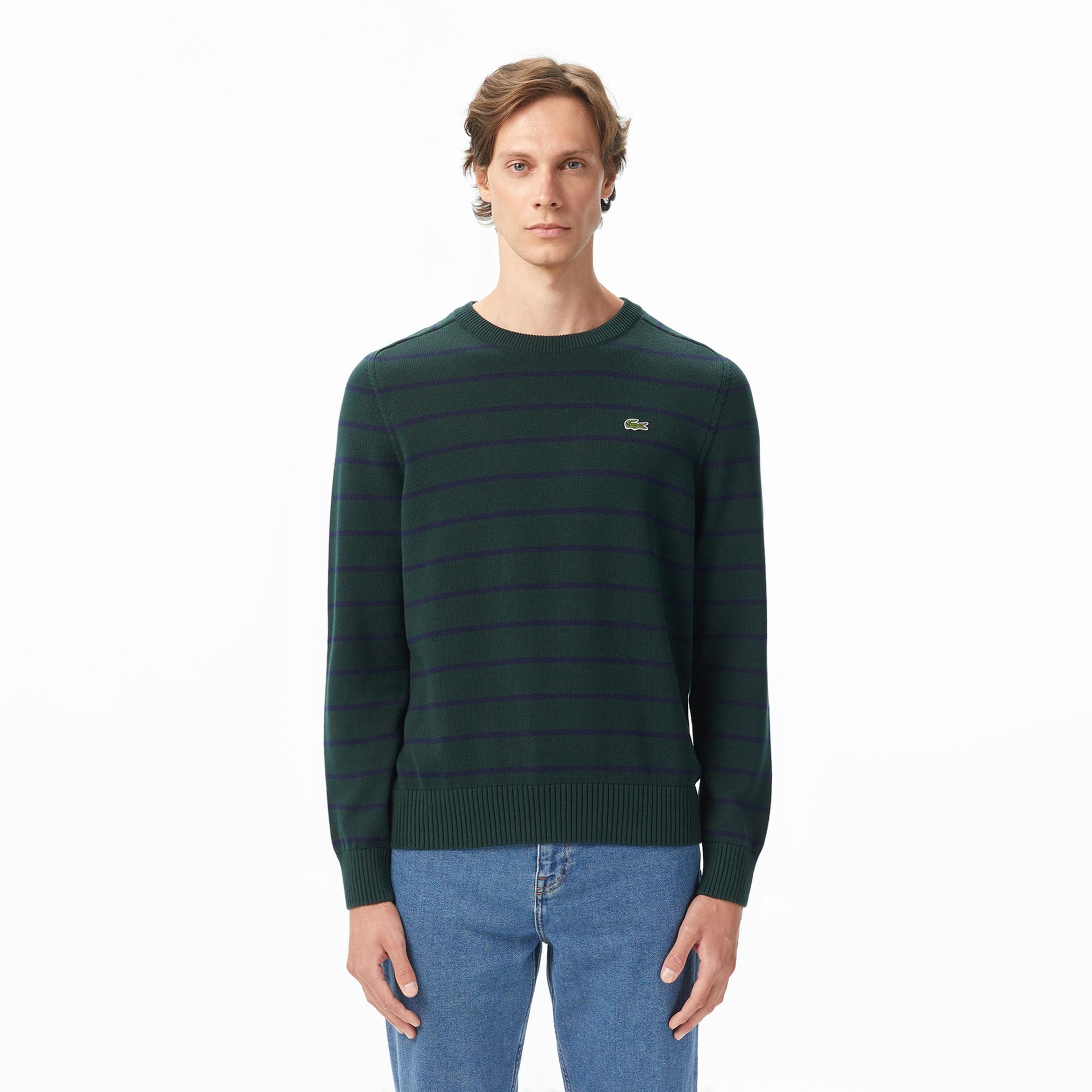 Lacoste Erkek Classic Fit Bisiklet Yaka Çizgili Yeşil Kazak