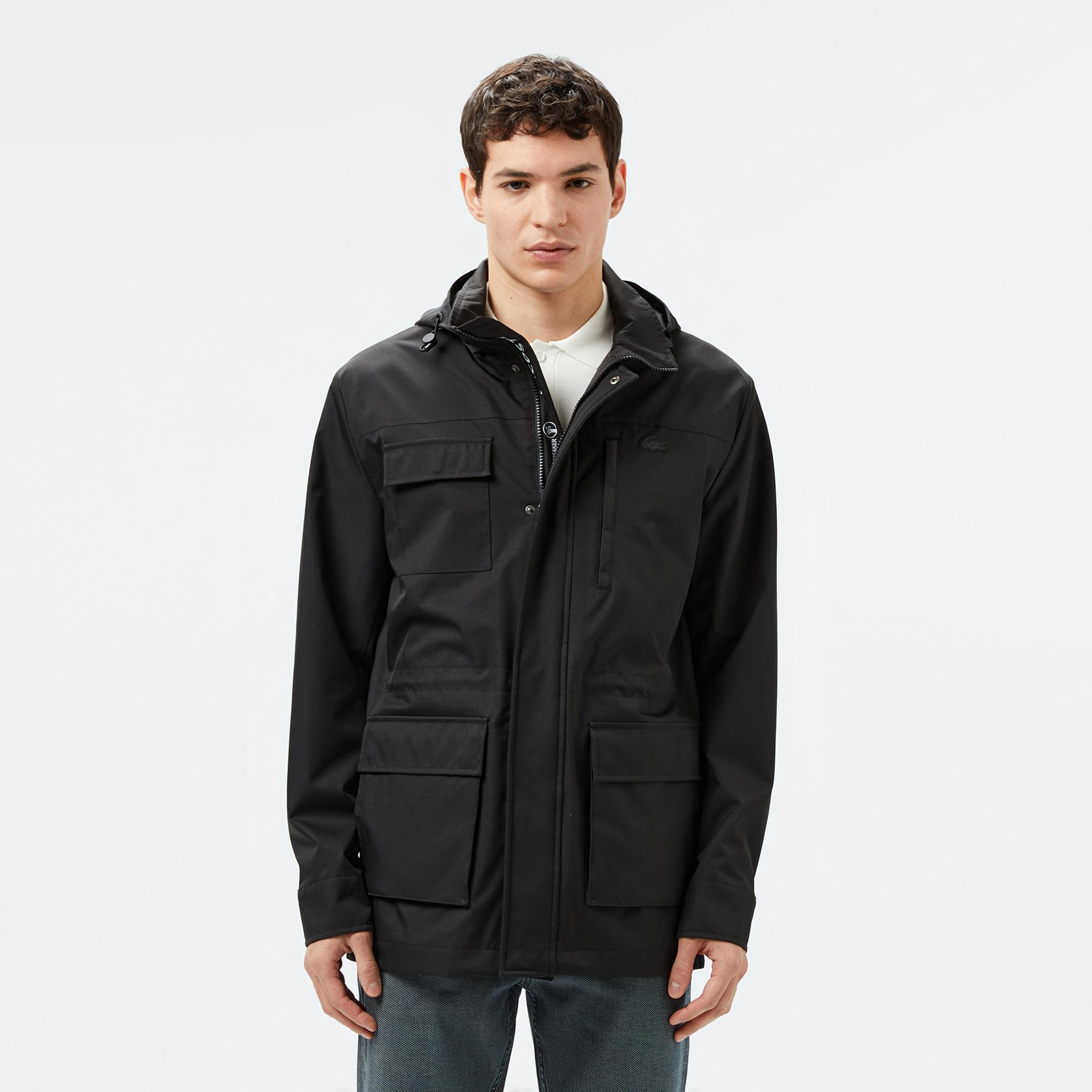 Lacoste Erkek Regular Fit Kapüşonlu Baskılı Siyah Yağmurluk