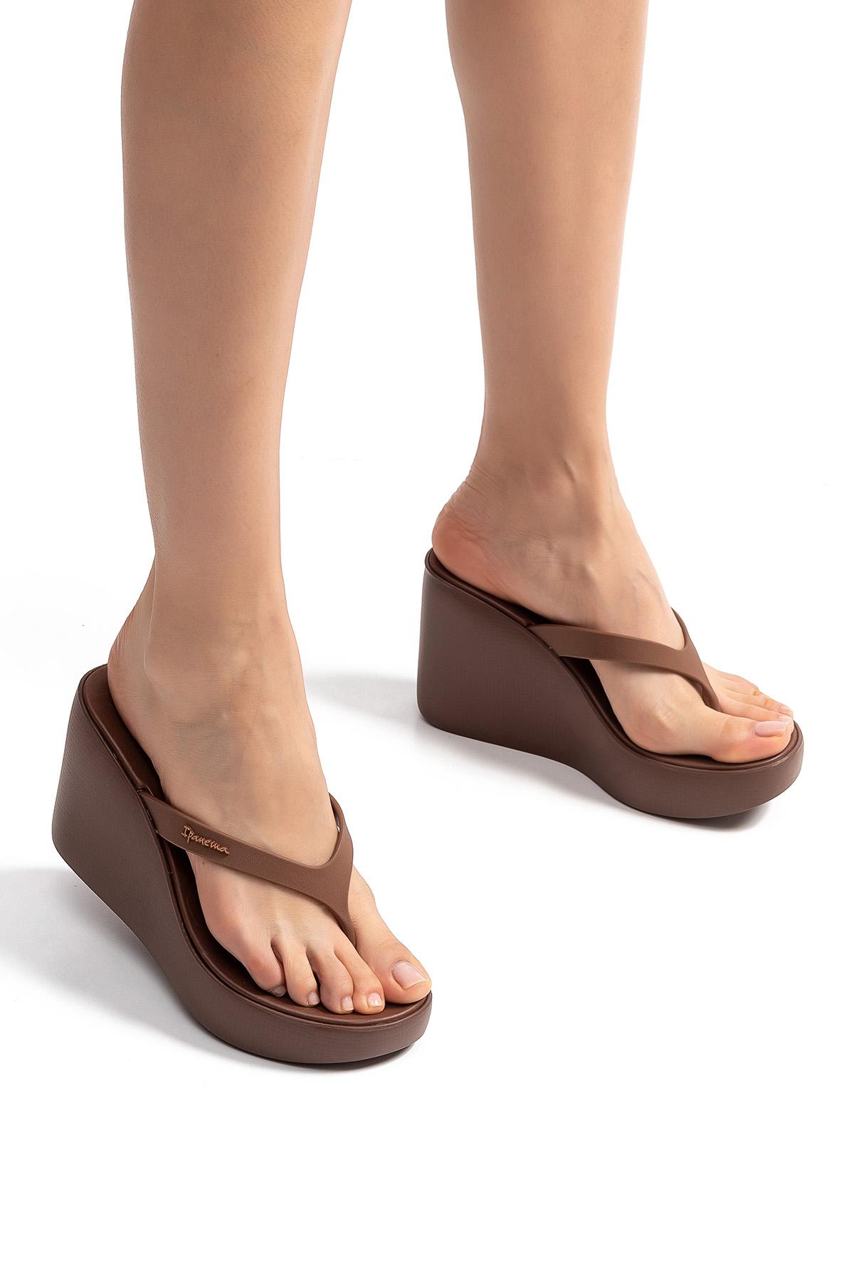 High Fashion Thong Topuklu Kadın Parmak Arası Terlik Kahverengi 35/40