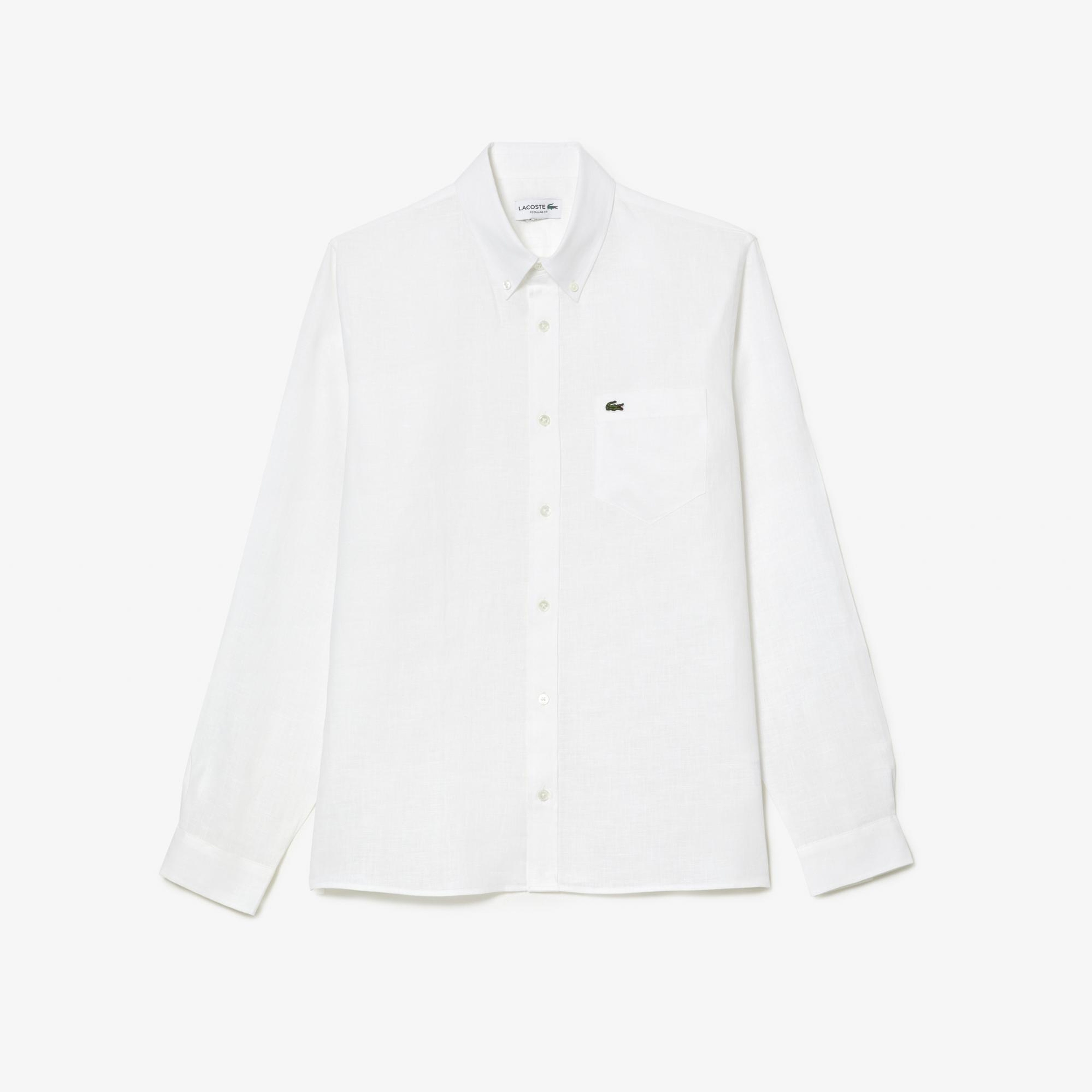 Lacoste Erkek Regular Fit Düğmeli Yaka Keten Beyaz Gömlek