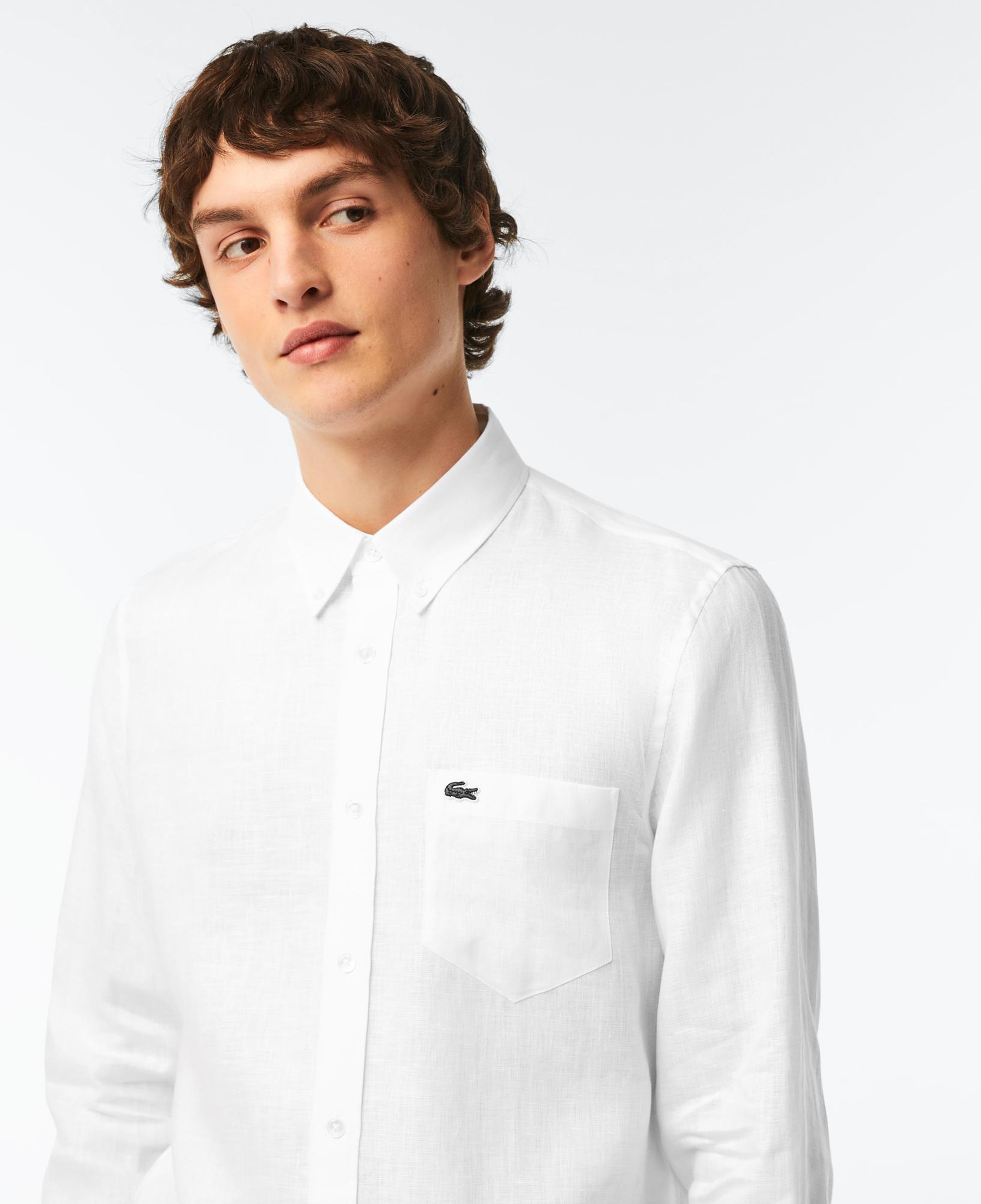 Lacoste Erkek Regular Fit Düğmeli Yaka Keten Beyaz Gömlek