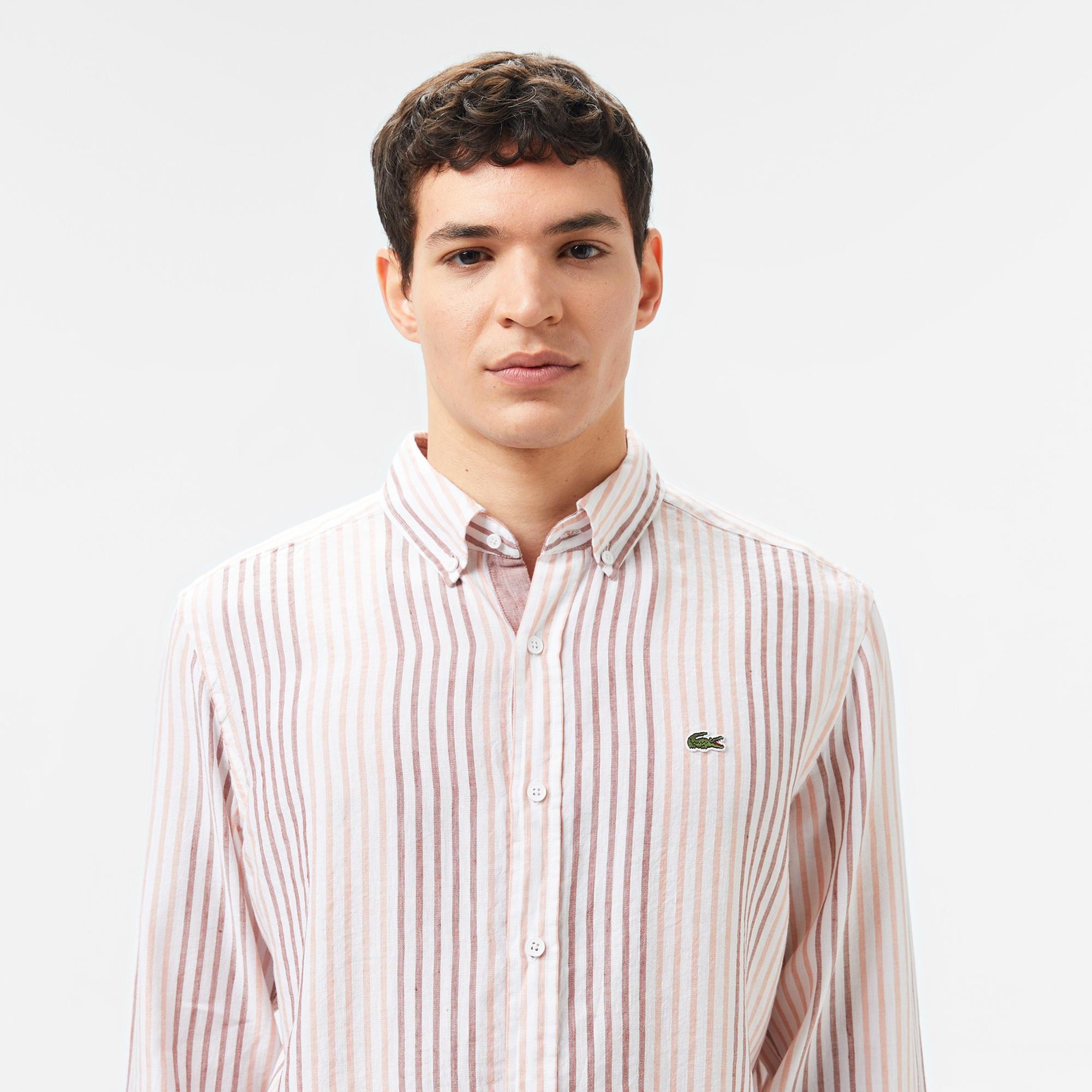 Lacoste Erkek Regular Fit Çizgili Keten Kahverengi Gömlek