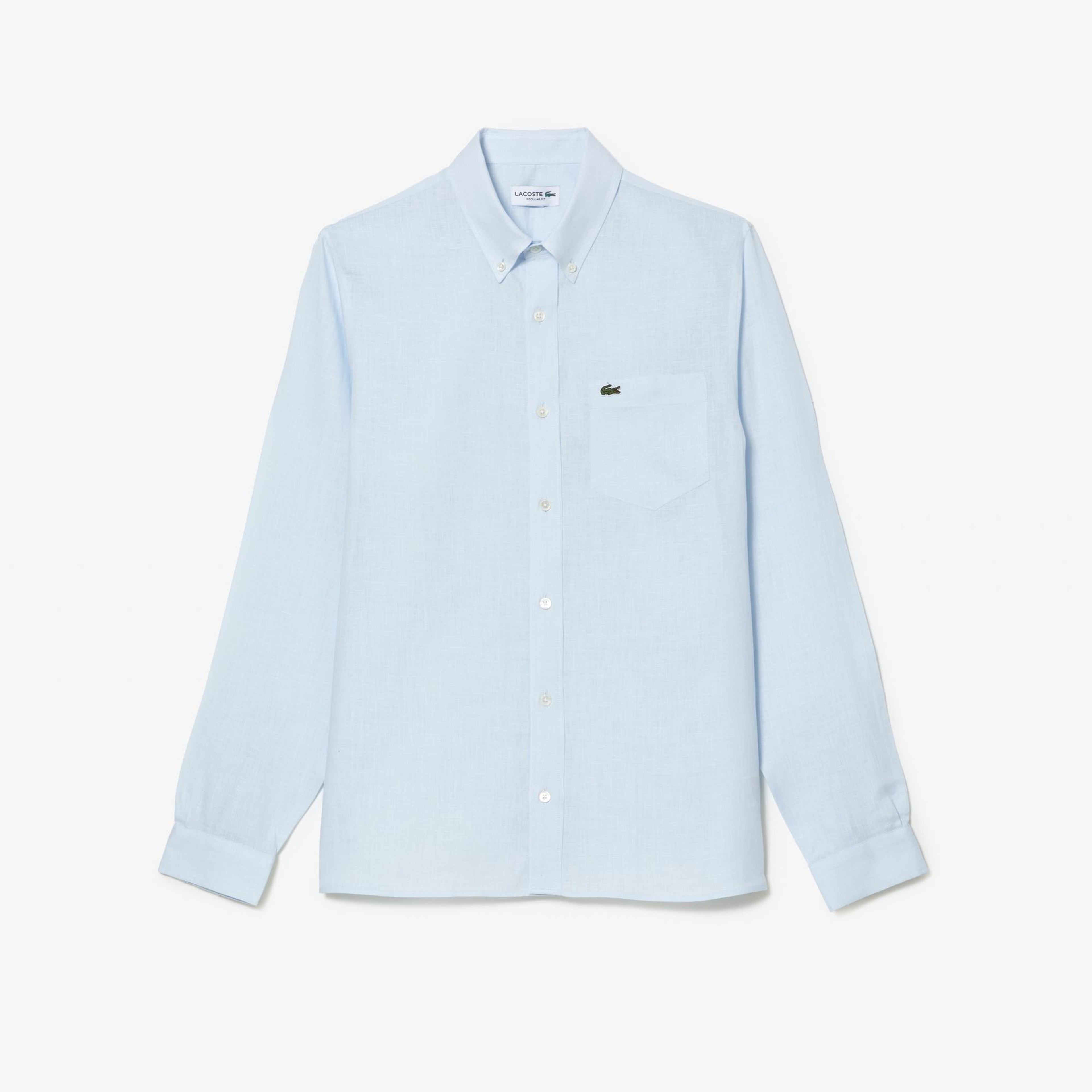 Lacoste Erkek Regular Fit Düğmeli Yaka Keten Açık Mavi Gömlek